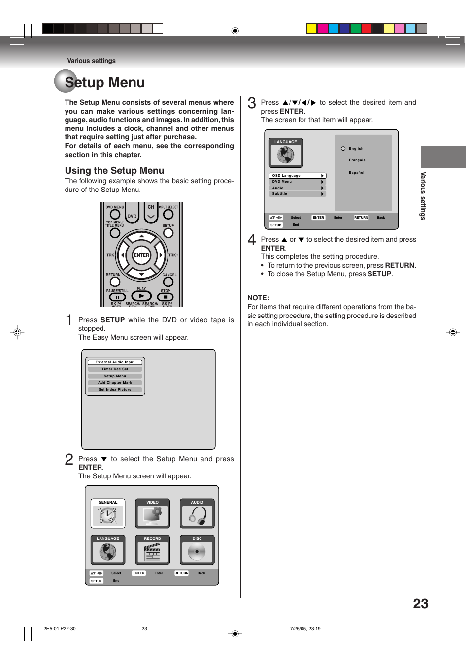 Setup menu, Using the setup menu | Toshiba D-VR4XSU User Manual | Page 23 / 92
