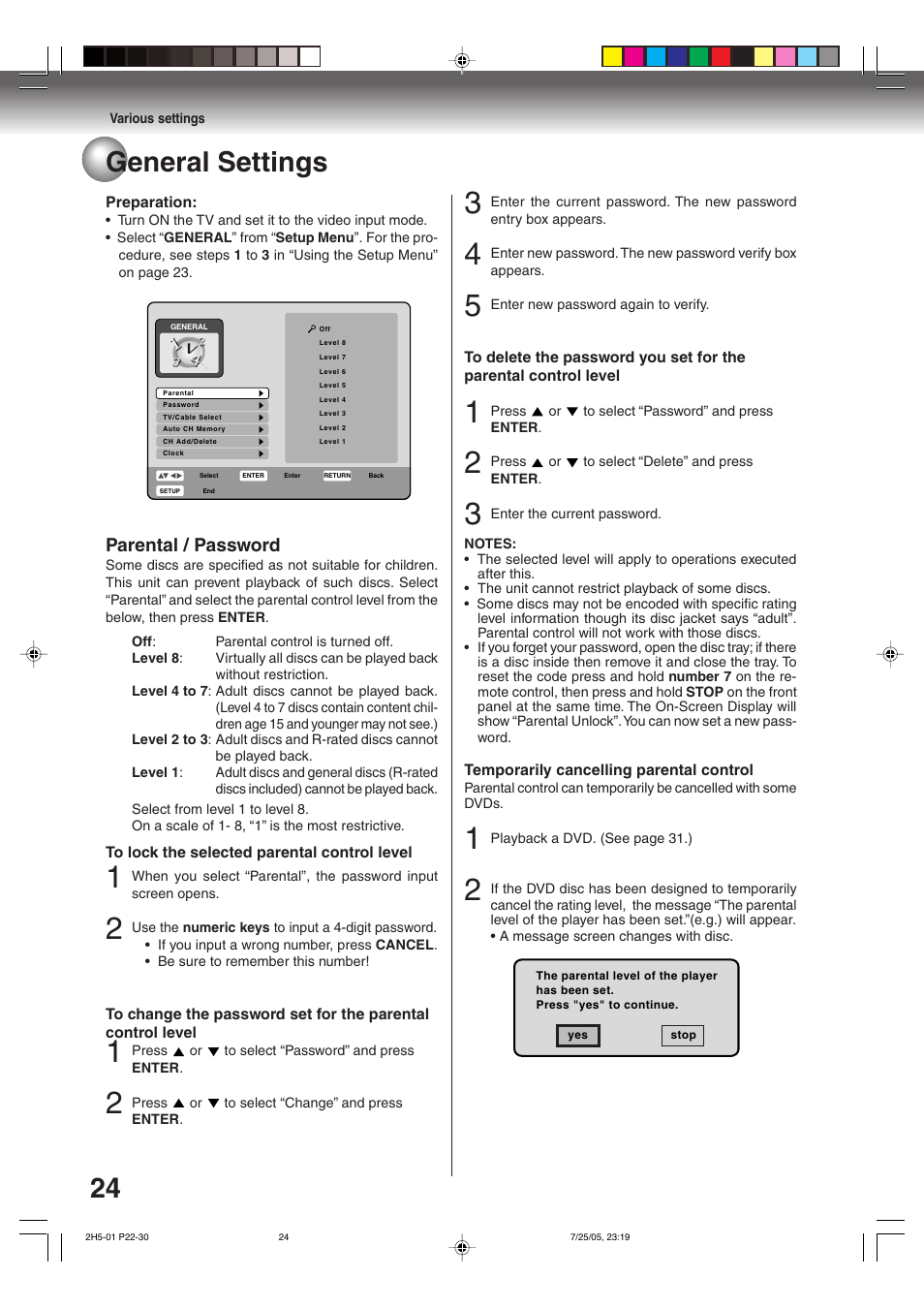 24 general settings, Parental / password | Toshiba D-VR4XSU User Manual | Page 24 / 92