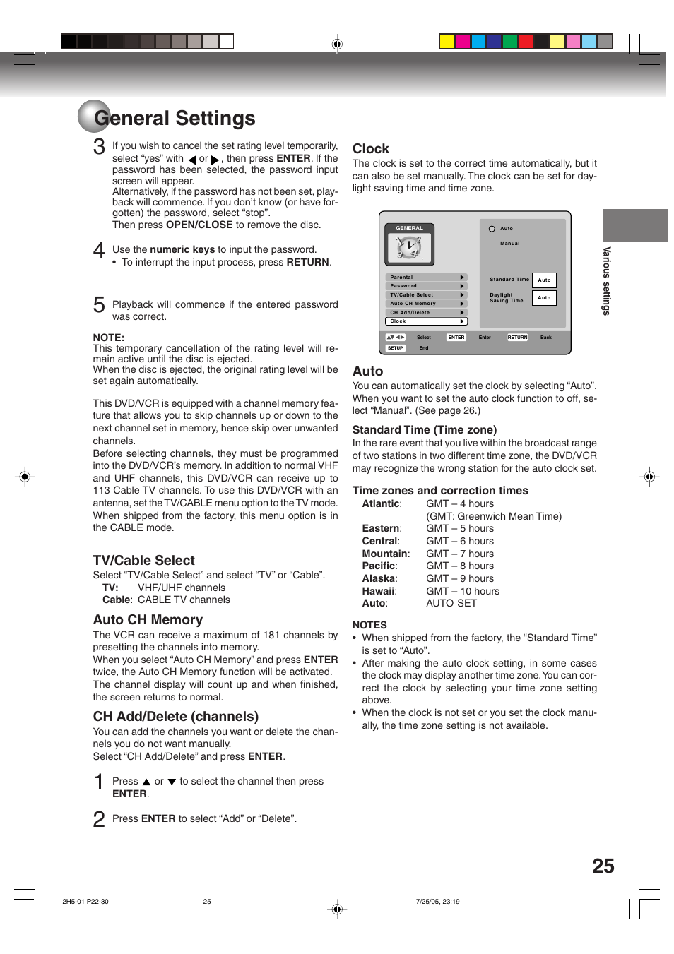 General settings, Tv/cable select, Ch add/delete (channels) | Clock, Auto | Toshiba D-VR4XSU User Manual | Page 25 / 92