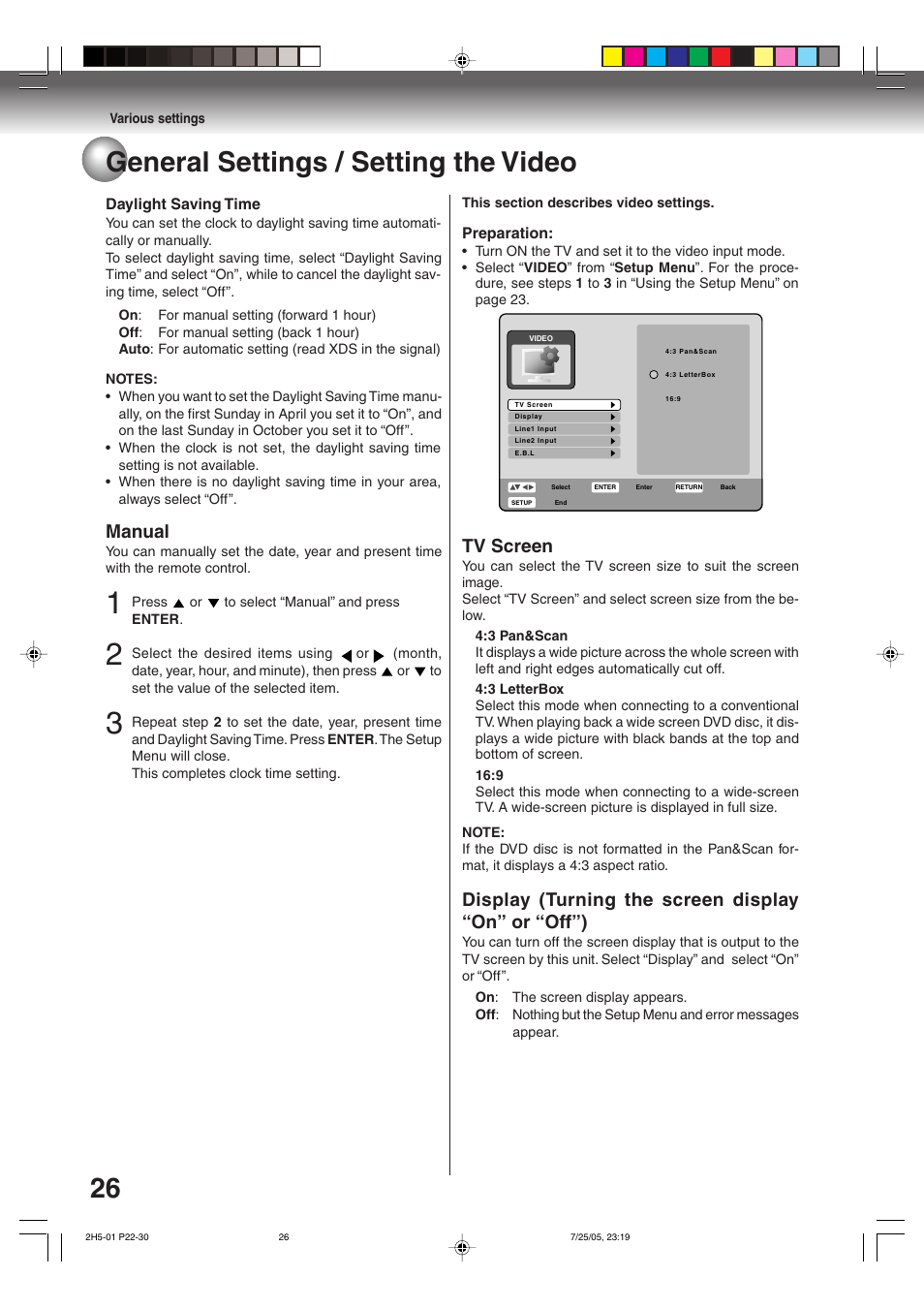 26 general settings / setting the video, Tv screen, Display (turning the screen display “on” or “off”) | Manual | Toshiba D-VR4XSU User Manual | Page 26 / 92