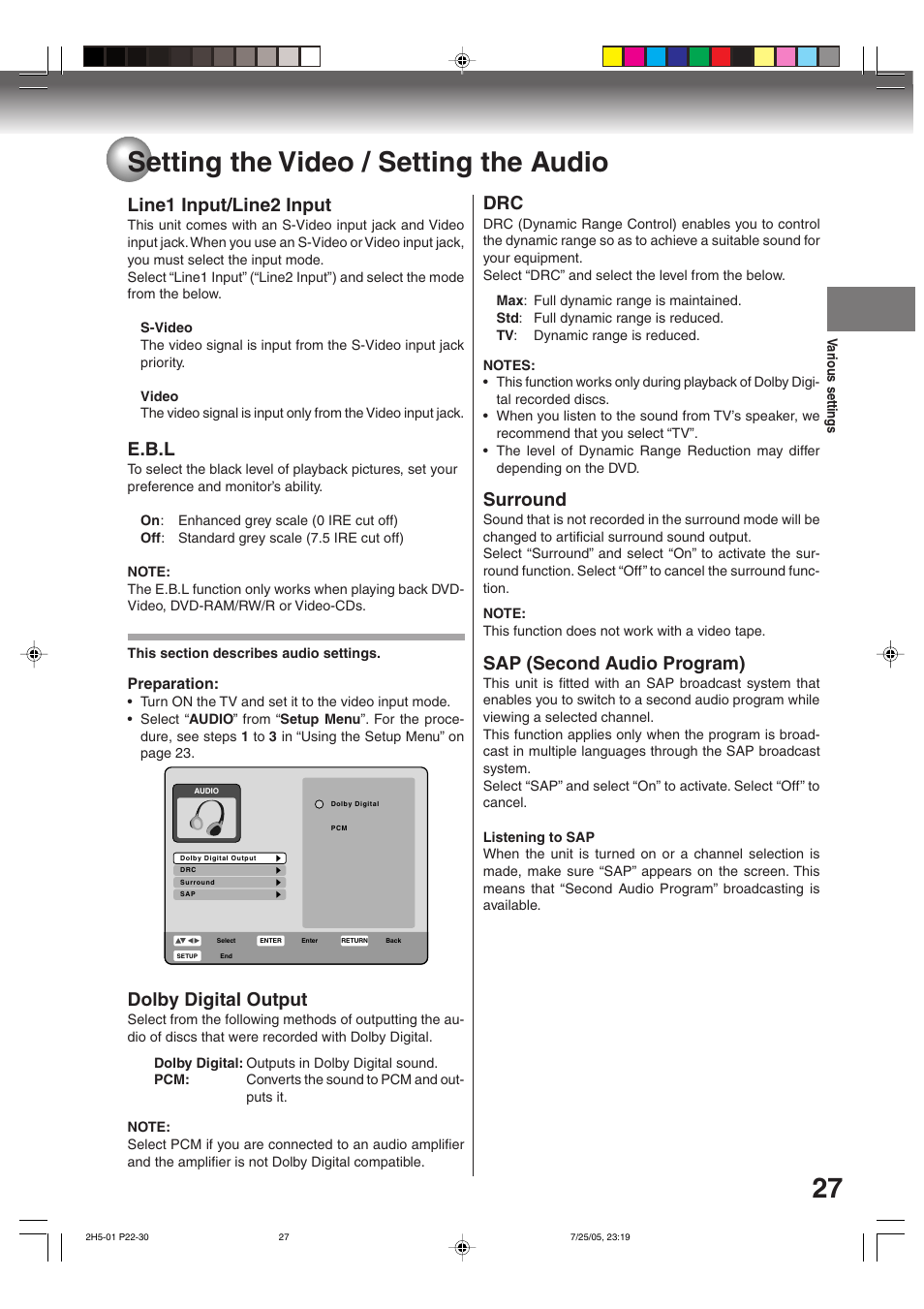 Setting the video / setting the audio, Line1 input/line2 input, E.b.l | Dolby digital output, Surround, Sap (second audio program) | Toshiba D-VR4XSU User Manual | Page 27 / 92