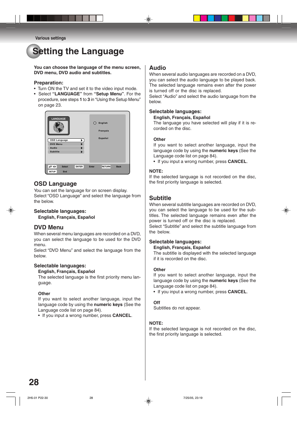 28 setting the language, Audio, Subtitle | Osd language, Dvd menu | Toshiba D-VR4XSU User Manual | Page 28 / 92