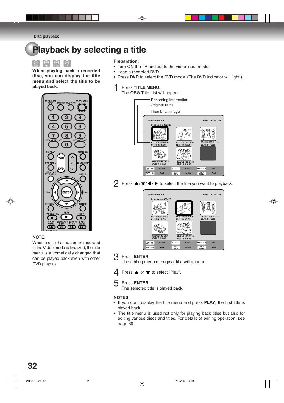 32 playback by selecting a title | Toshiba D-VR4XSU User Manual | Page 32 / 92