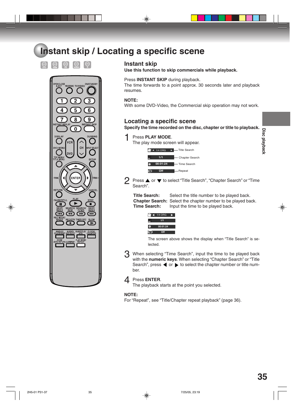 35 instant skip / locating a specific scene, Instant skip, Locating a specific scene | Toshiba D-VR4XSU User Manual | Page 35 / 92