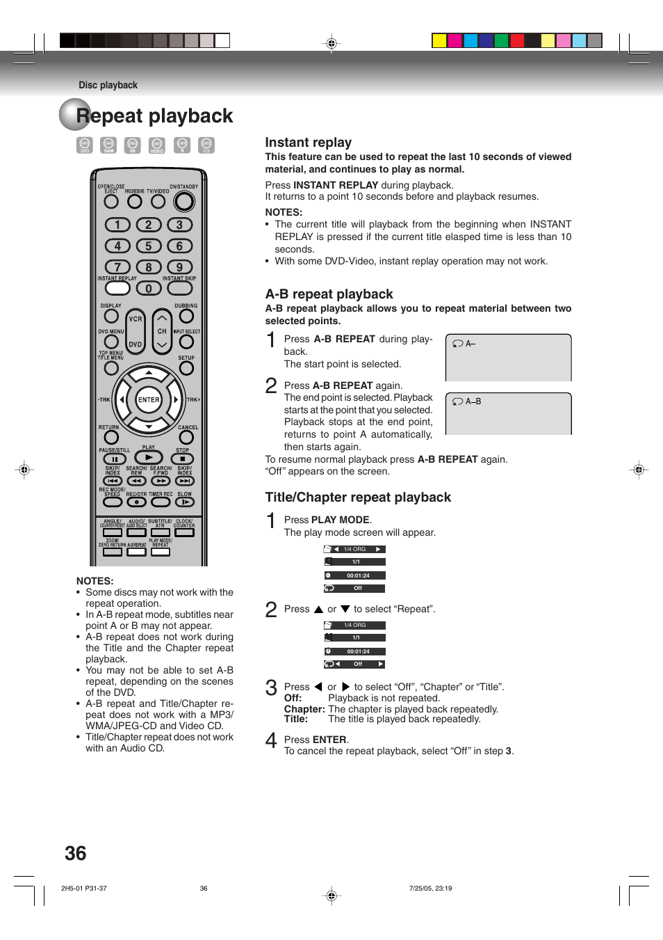 36 repeat playback, Title/chapter repeat playback, Instant replay | A-b repeat playback | Toshiba D-VR4XSU User Manual | Page 36 / 92