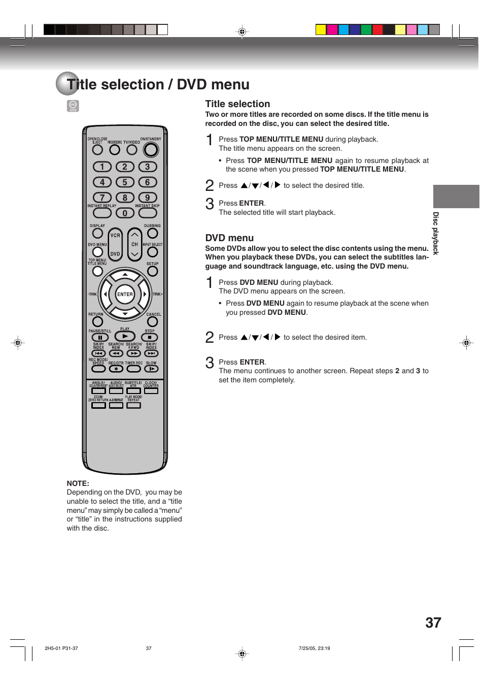 37 title selection / dvd menu | Toshiba D-VR4XSU User Manual | Page 37 / 92