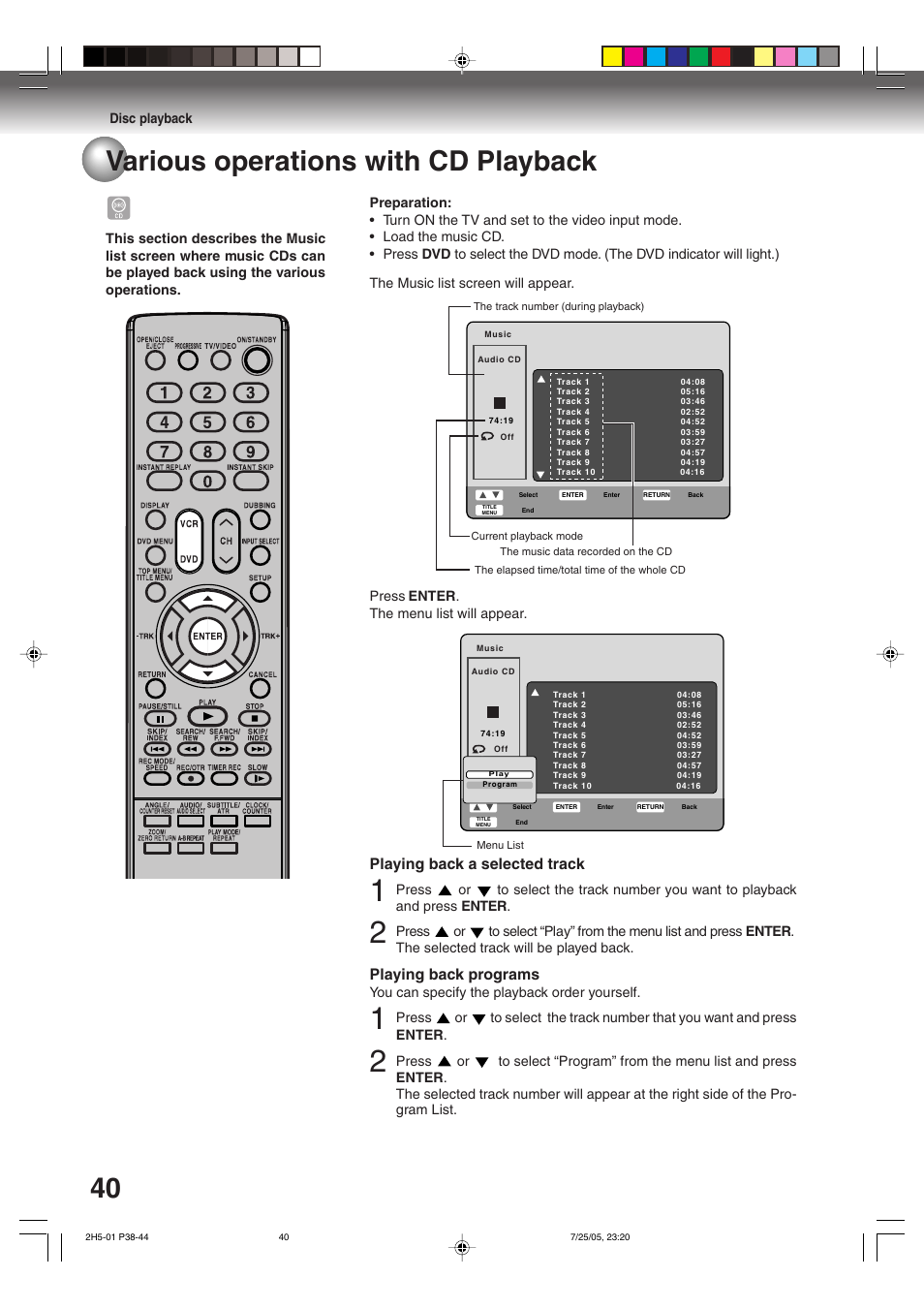 40 various operations with cd playback, Playing back a selected track, Playing back programs | Toshiba D-VR4XSU User Manual | Page 40 / 92