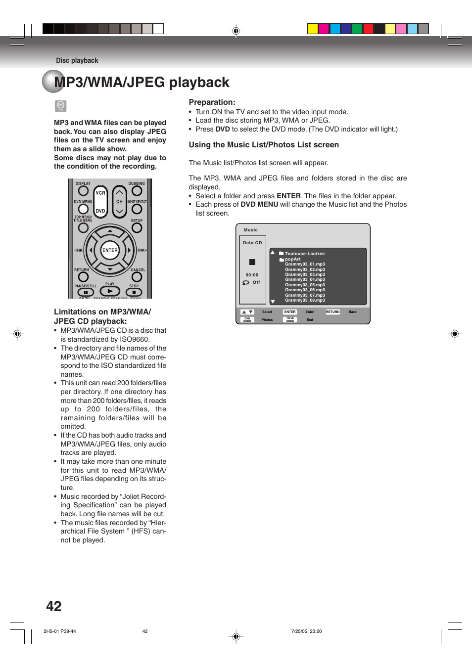 42 mp3/wma/jpeg playback, Limitations on mp3/wma/ jpeg cd playback, Preparation | Using the music list/photos list screen | Toshiba D-VR4XSU User Manual | Page 42 / 92