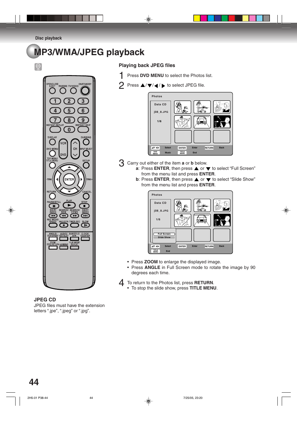 44 mp3/wma/jpeg playback, Playing back jpeg files, Jpeg cd | Toshiba D-VR4XSU User Manual | Page 44 / 92