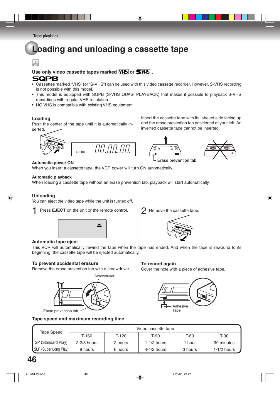 Loading and unloading a cassette tape | Toshiba D-VR4XSU User Manual | Page 46 / 92