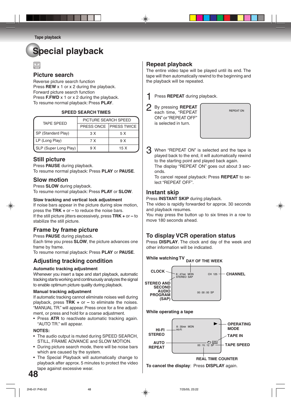 48 special playback, Picture search, Still picture | Slow motion, Frame by frame picture, Adjusting tracking condition, Repeat playback, Instant skip | Toshiba D-VR4XSU User Manual | Page 48 / 92