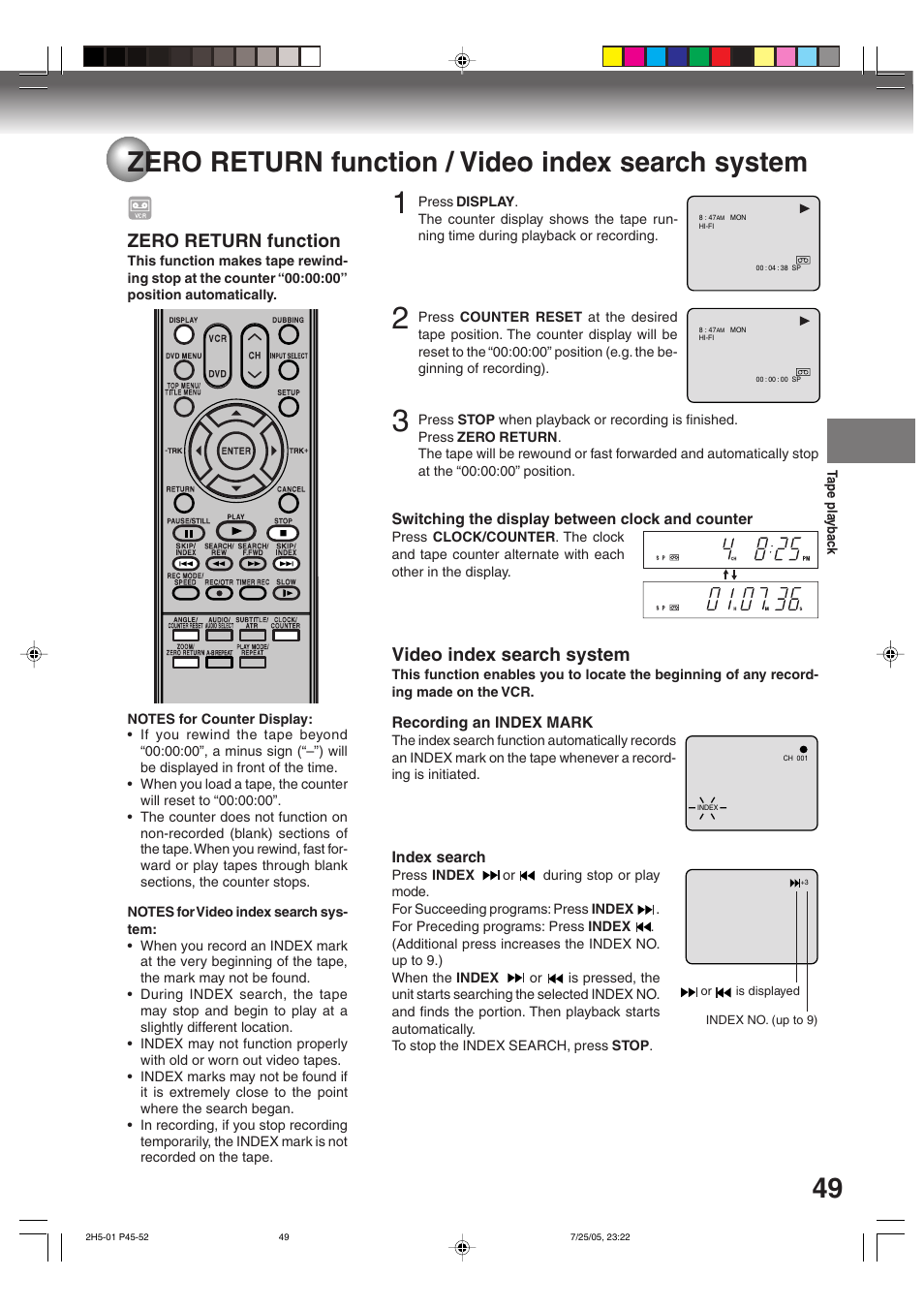 Video index search system, Zero return function | Toshiba D-VR4XSU User Manual | Page 49 / 92