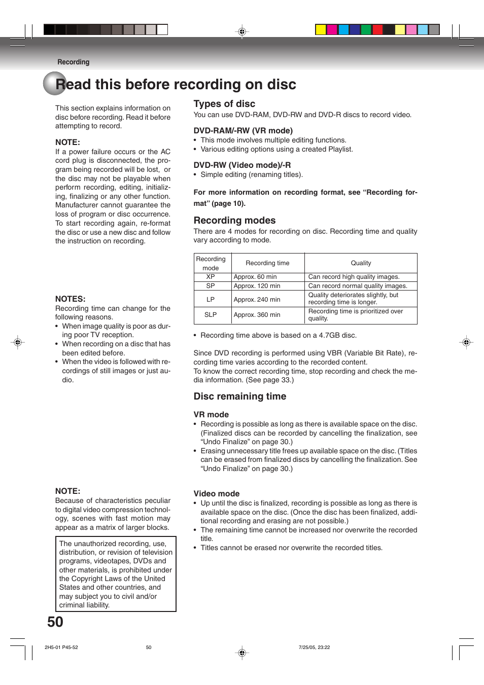 50 read this before recording on disc, Types of disc, Recording modes | Disc remaining time | Toshiba D-VR4XSU User Manual | Page 50 / 92