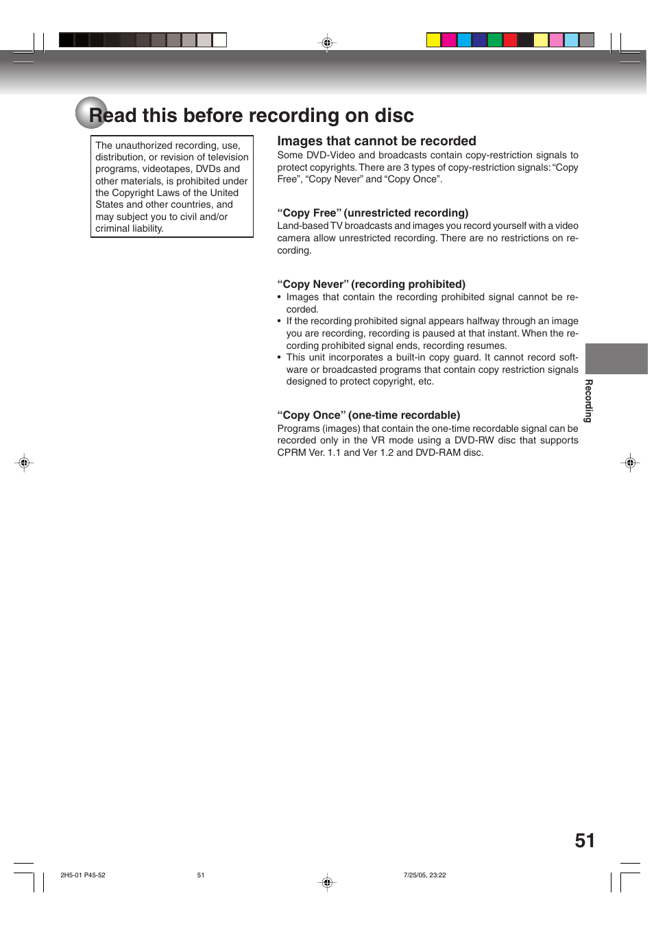 51 read this before recording on disc, Images that cannot be recorded | Toshiba D-VR4XSU User Manual | Page 51 / 92