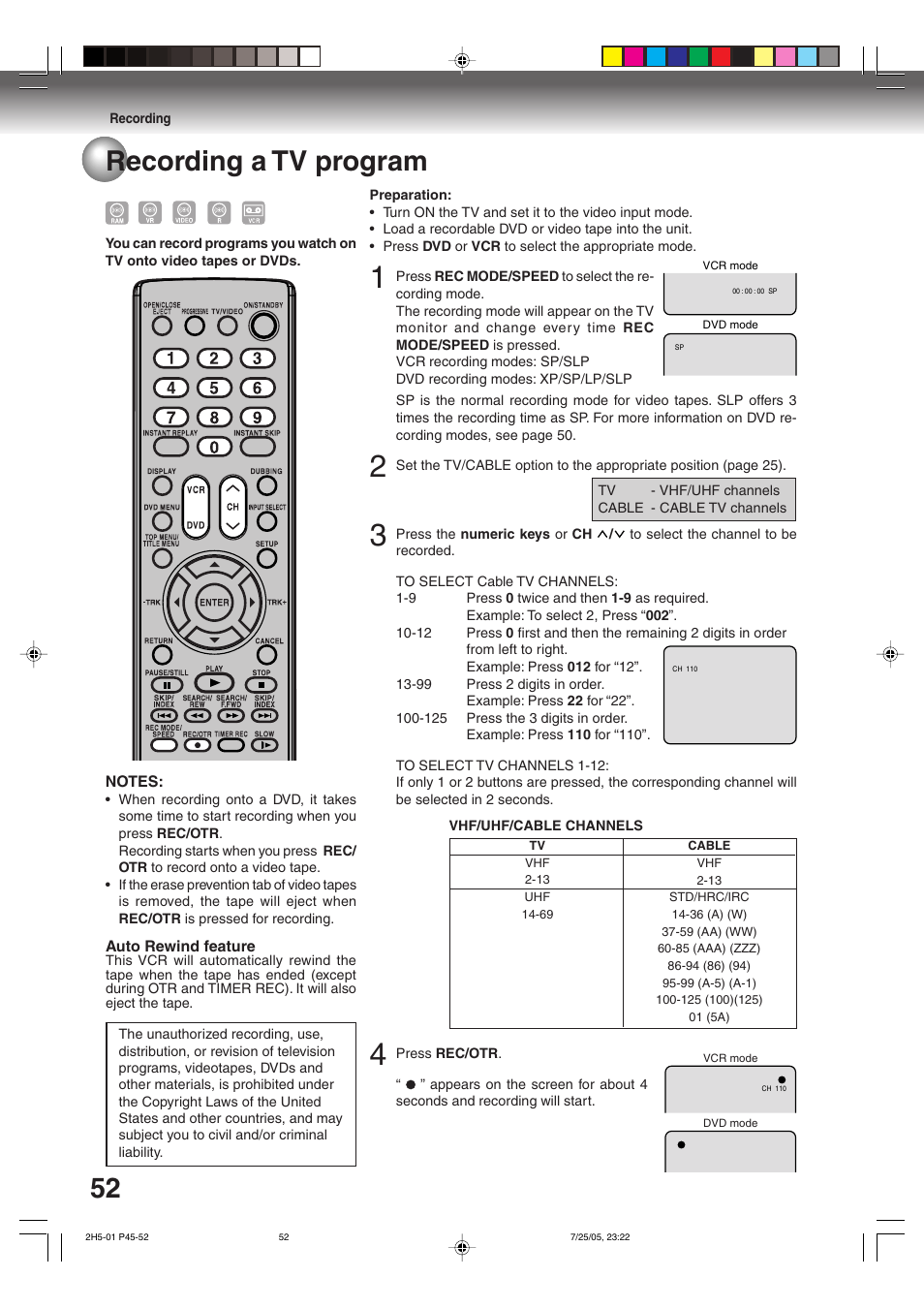 52 recording a tv program | Toshiba D-VR4XSU User Manual | Page 52 / 92