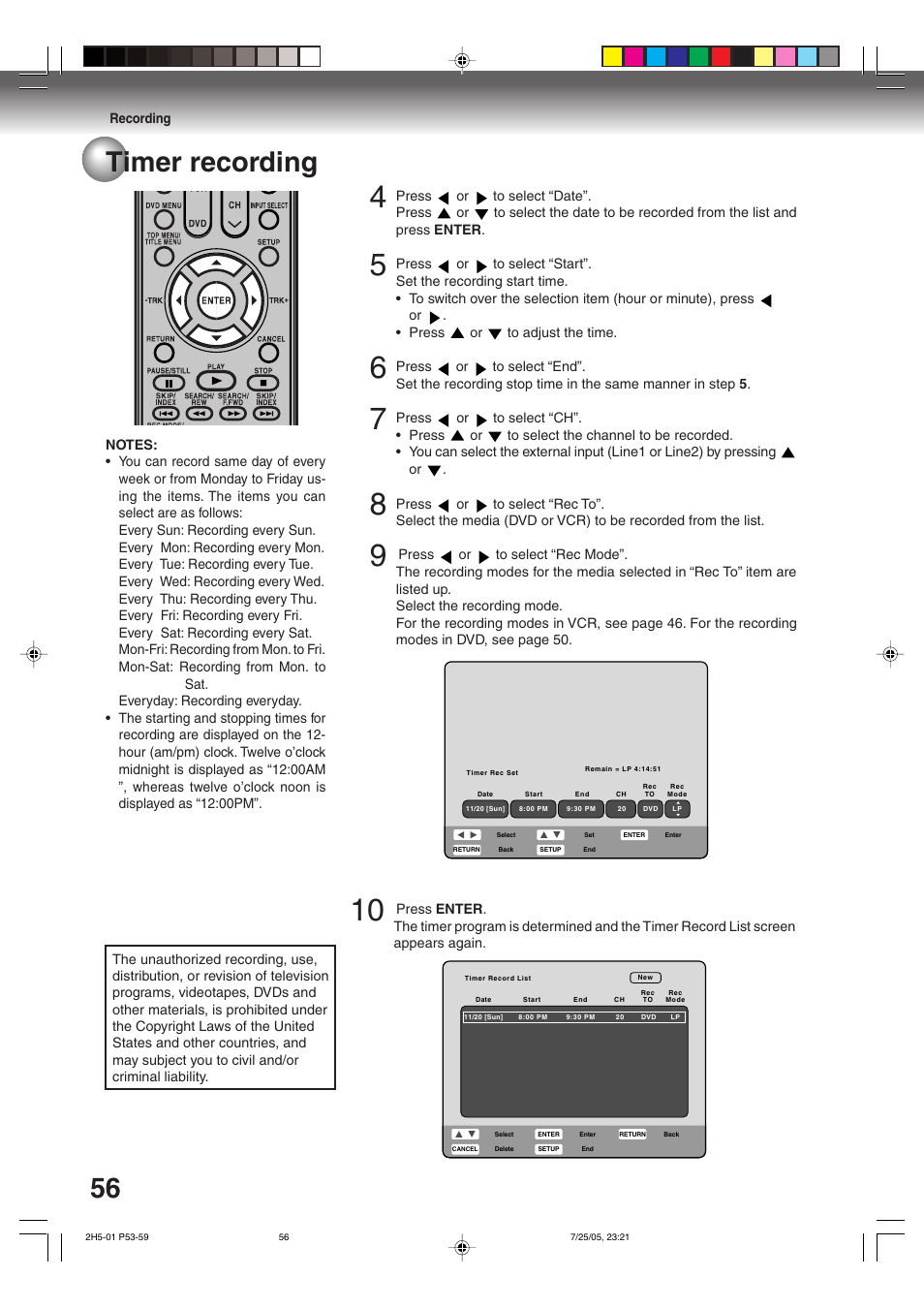 56 timer recording | Toshiba D-VR4XSU User Manual | Page 56 / 92