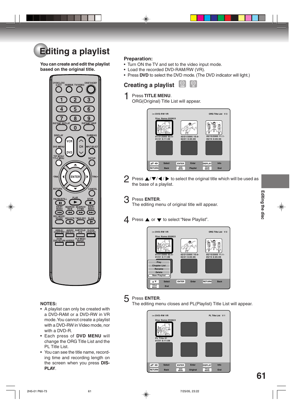 Editing a playlist, Creating a playlist, Preparation | Editing the disc, Press or to select “new playlist | Toshiba D-VR4XSU User Manual | Page 61 / 92