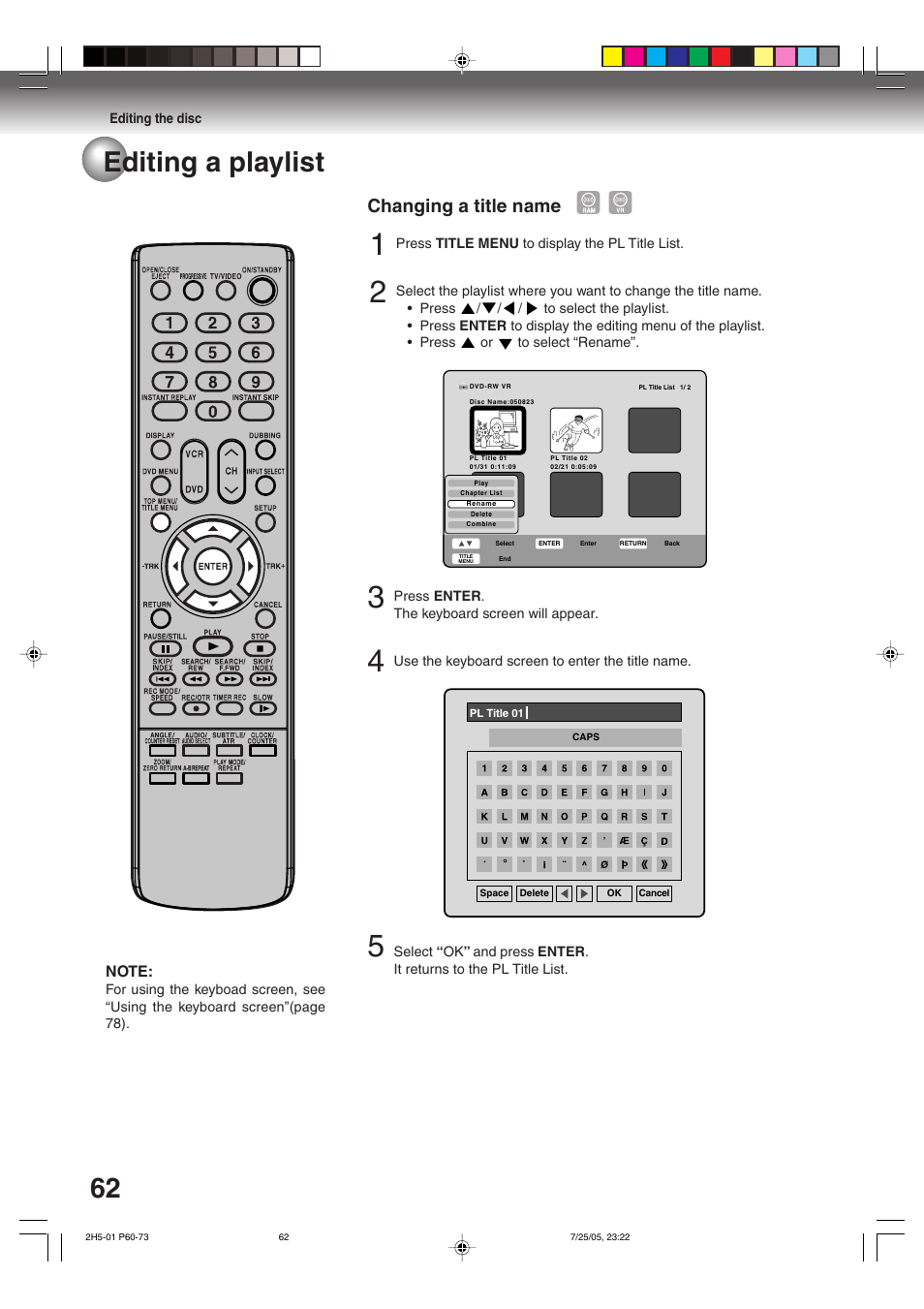 62 editing a playlist, Changing a title name | Toshiba D-VR4XSU User Manual | Page 62 / 92