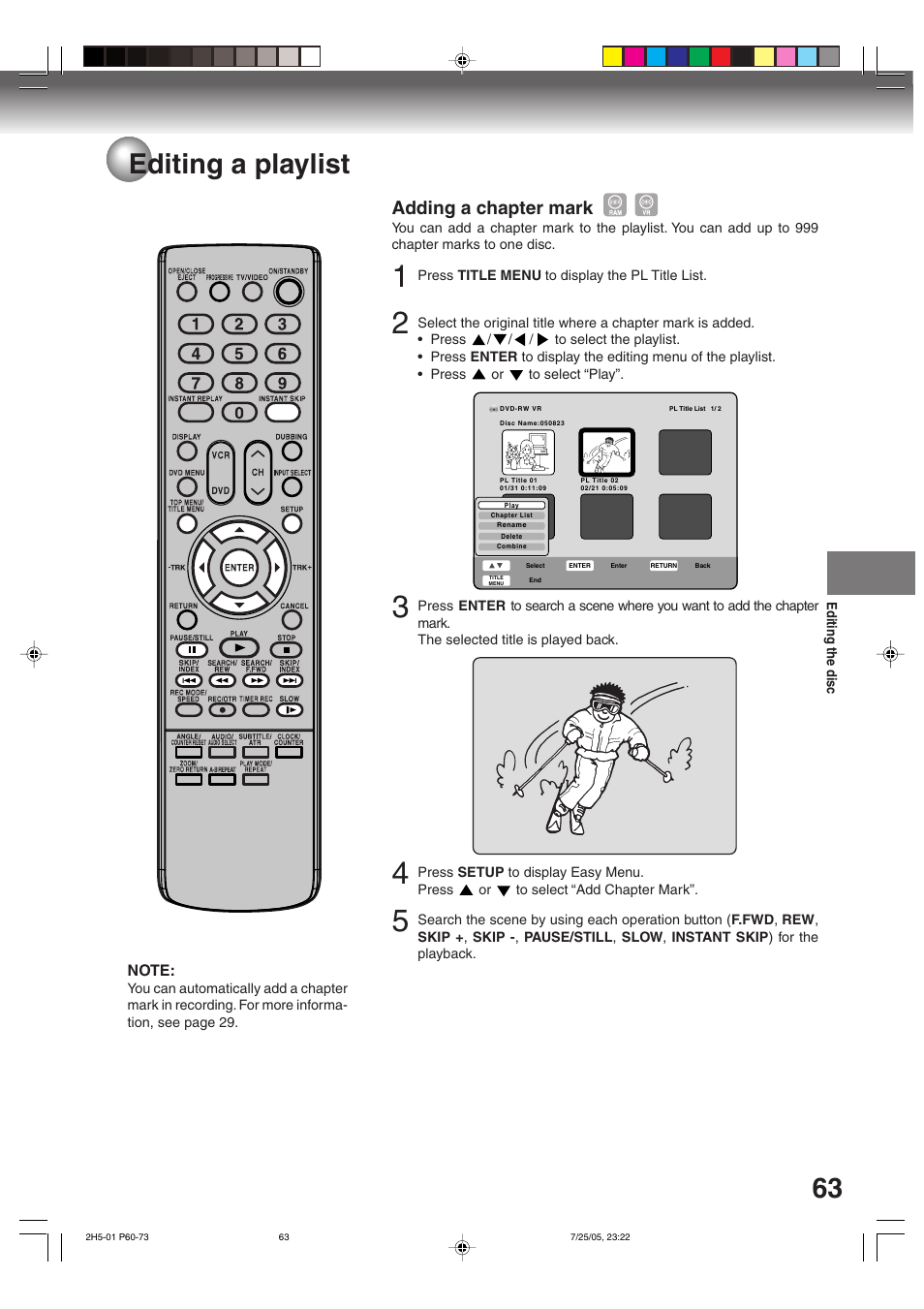 63 editing a playlist, Adding a chapter mark | Toshiba D-VR4XSU User Manual | Page 63 / 92