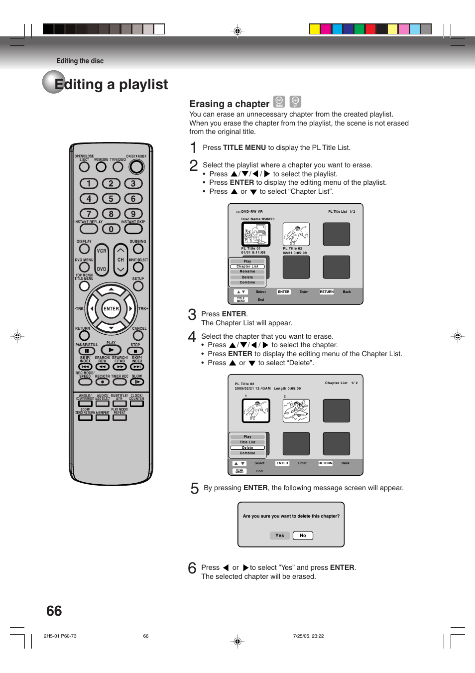 Editing a playlist, Erasing a chapter | Toshiba D-VR4XSU User Manual | Page 66 / 92