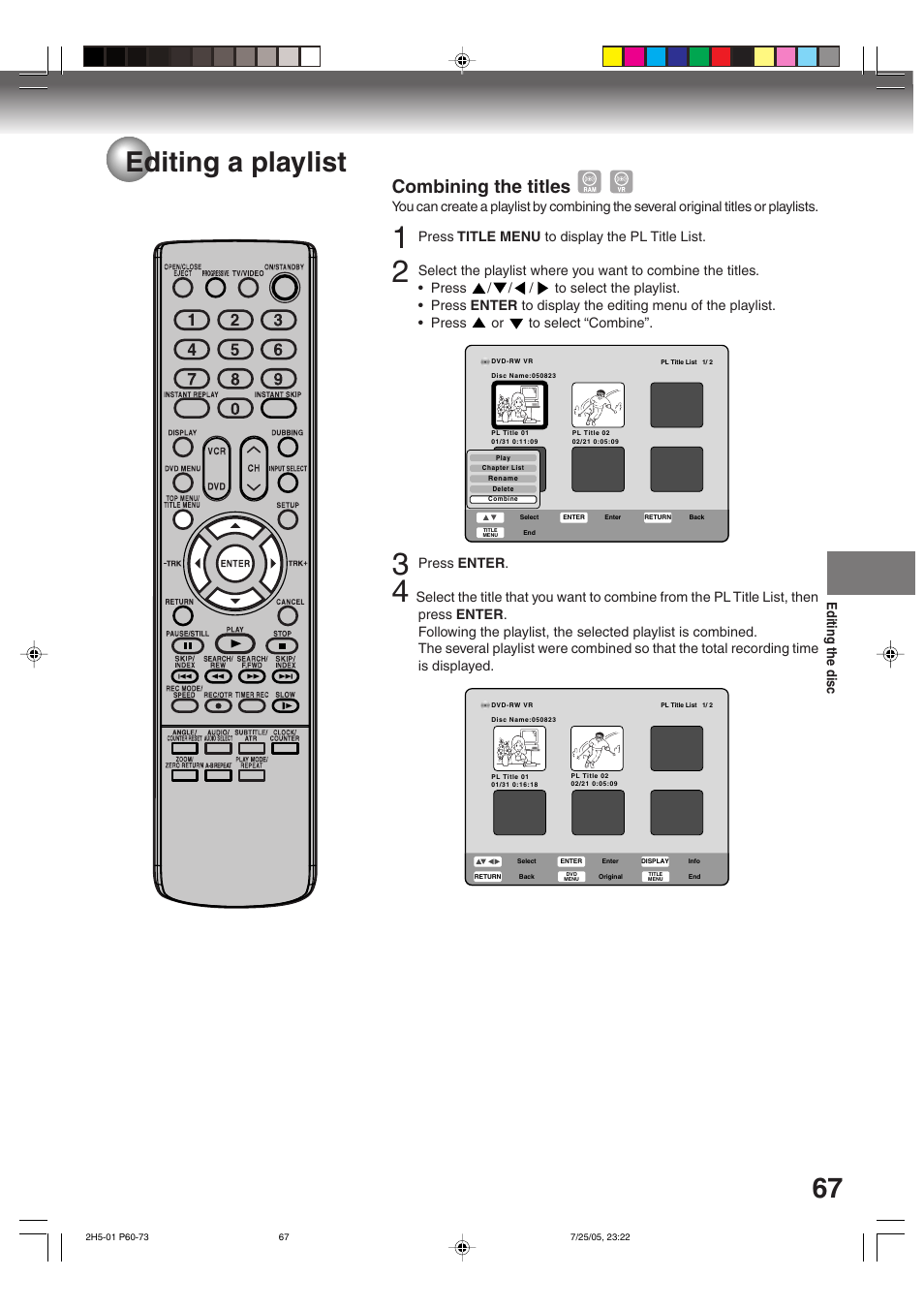 67 editing a playlist, Combining the titles | Toshiba D-VR4XSU User Manual | Page 67 / 92