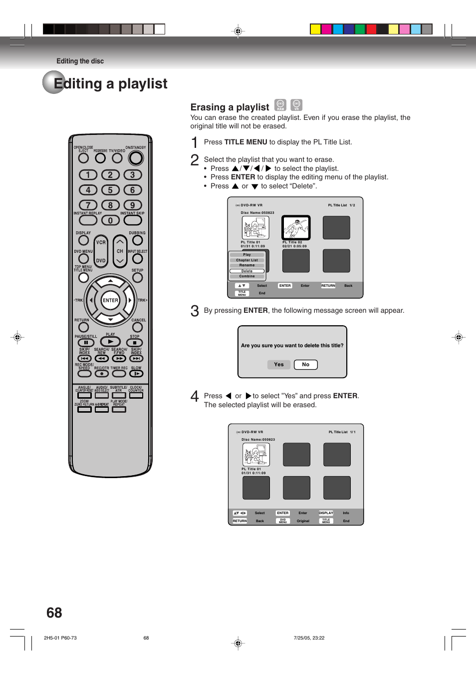 68 editing a playlist, Erasing a playlist | Toshiba D-VR4XSU User Manual | Page 68 / 92