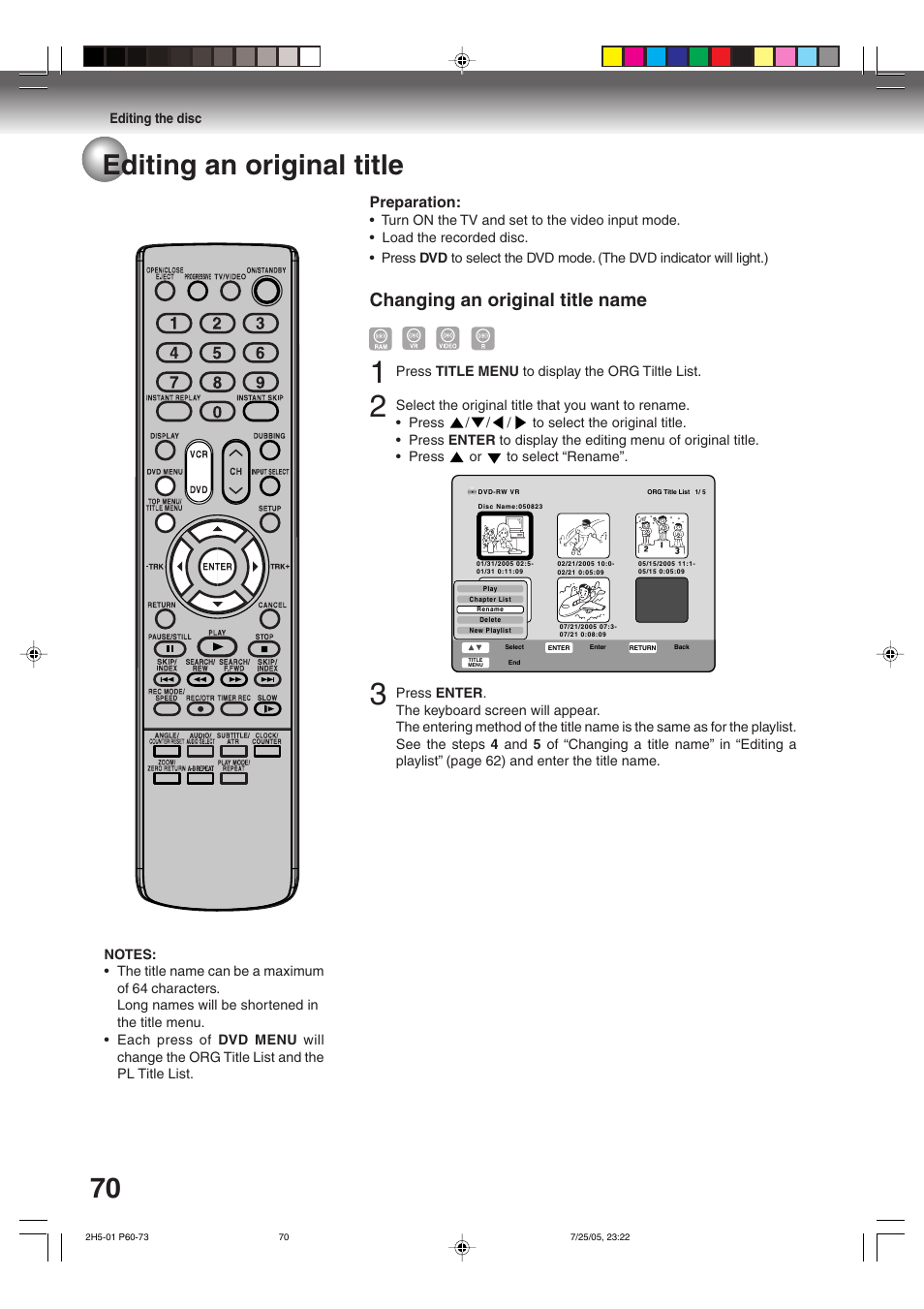 Editing an original title, Changing an original title name, Preparation | Toshiba D-VR4XSU User Manual | Page 70 / 92