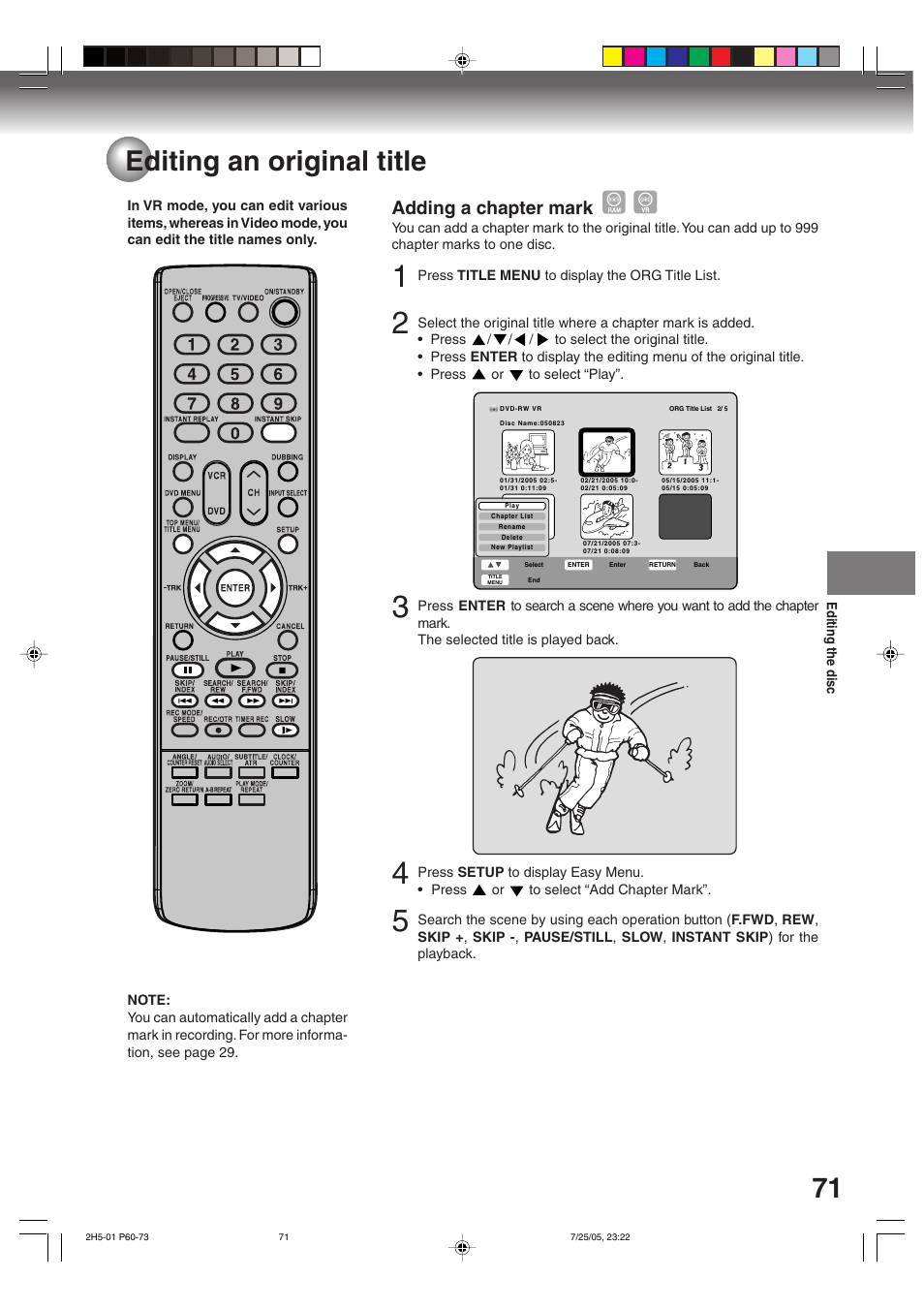 71 editing an original title, Adding a chapter mark | Toshiba D-VR4XSU User Manual | Page 71 / 92