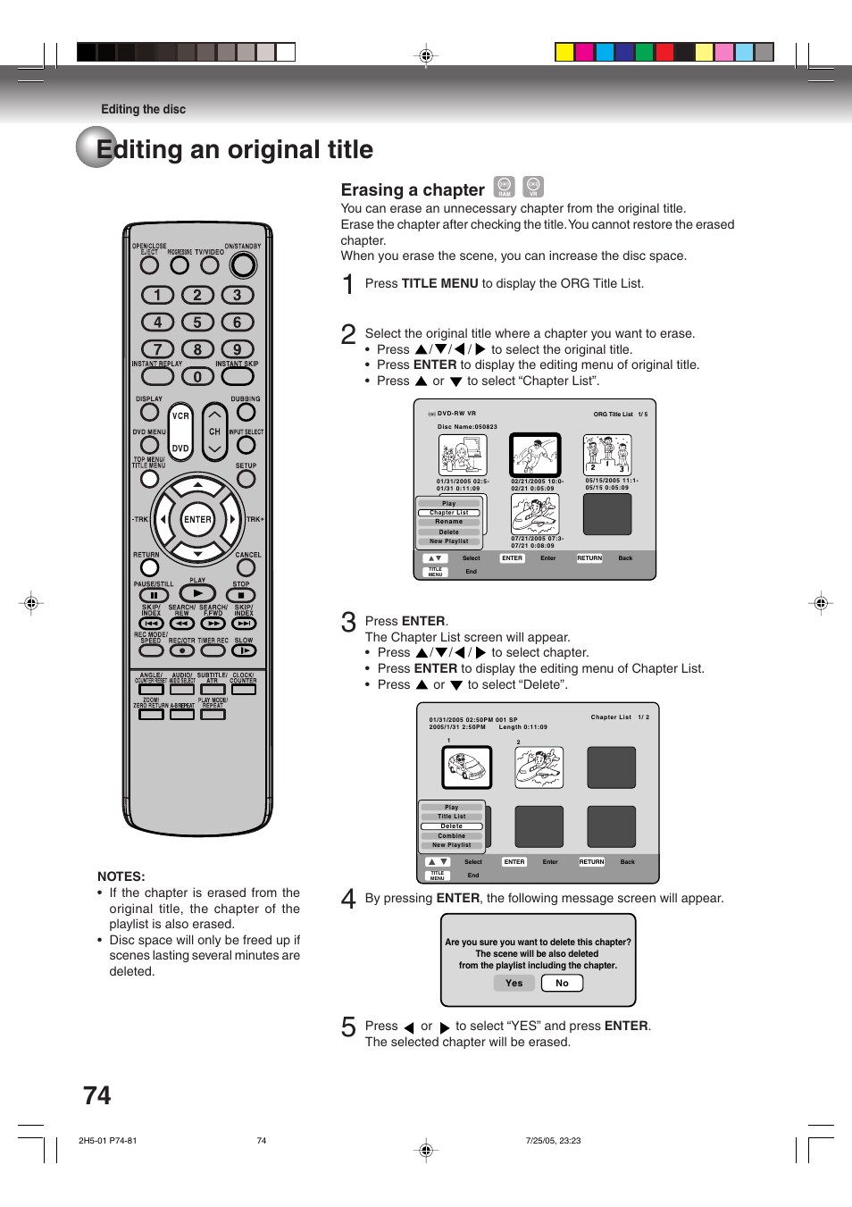 74 editing an original title, Erasing a chapter | Toshiba D-VR4XSU User Manual | Page 74 / 92