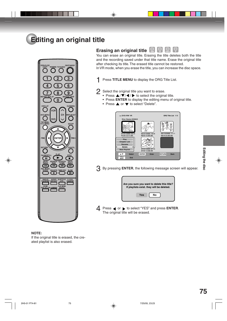 75 editing an original title, Erasing an original title | Toshiba D-VR4XSU User Manual | Page 75 / 92