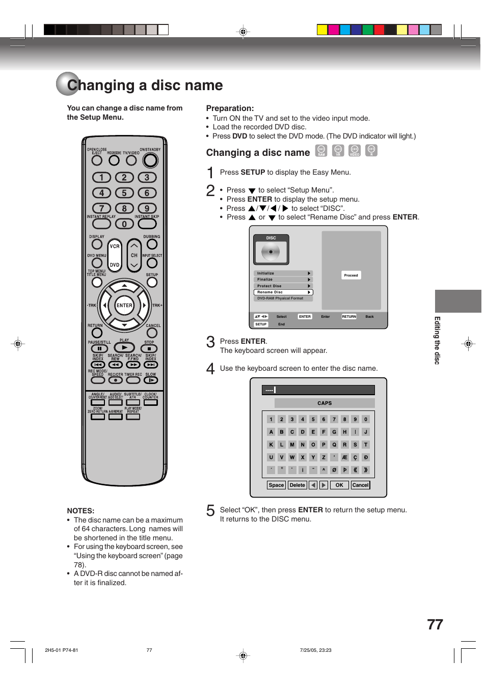 77 changing a disc name, Changing a disc name | Toshiba D-VR4XSU User Manual | Page 77 / 92