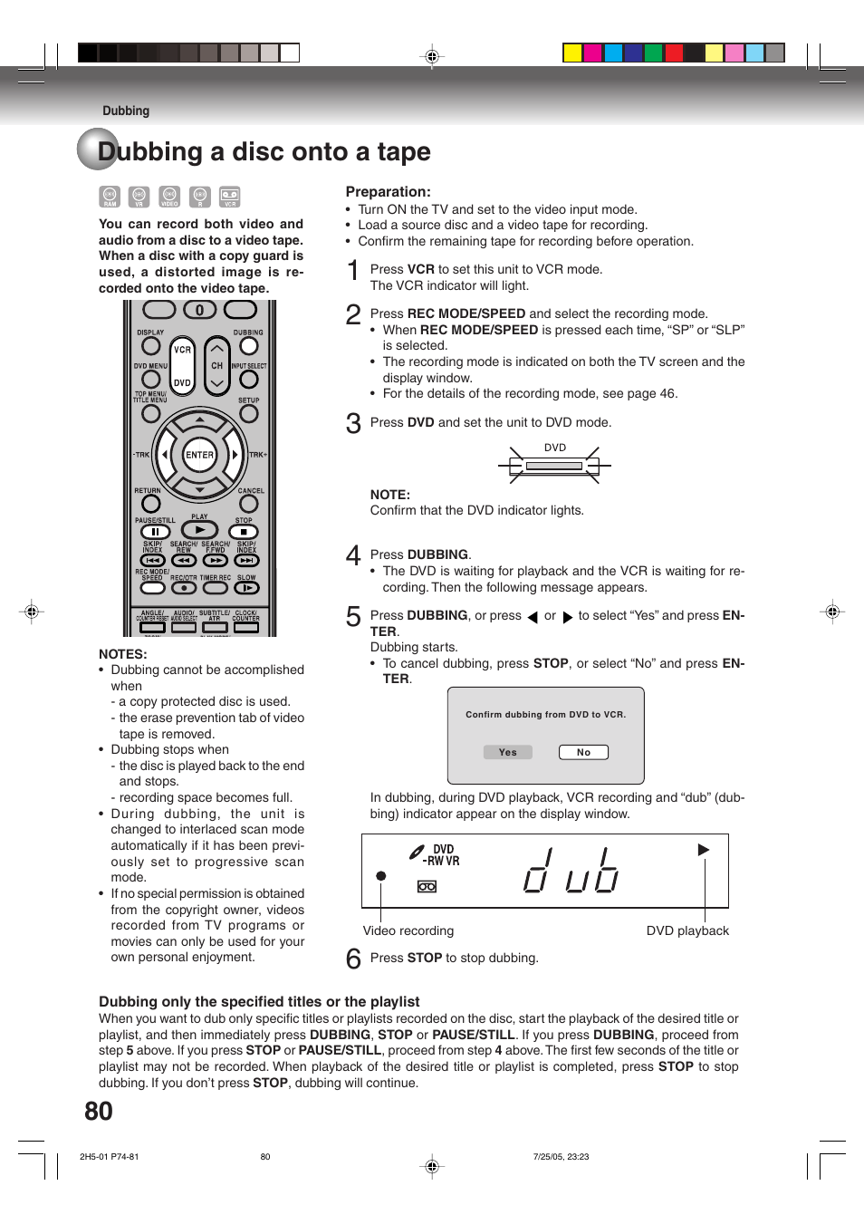 Dubbing a disc onto a tape | Toshiba D-VR4XSU User Manual | Page 80 / 92