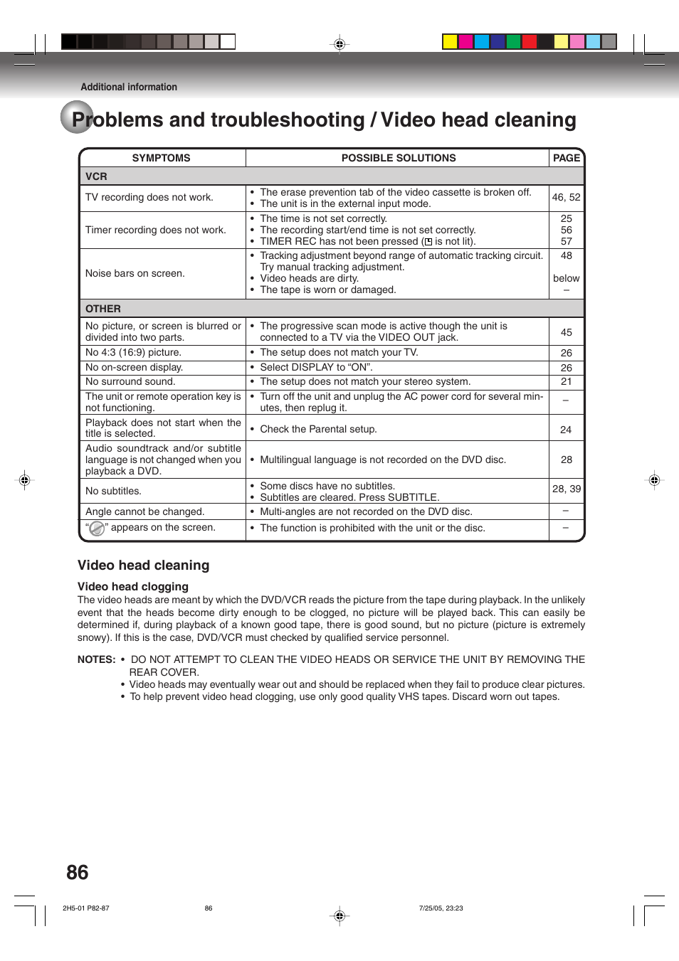 Video head cleaning | Toshiba D-VR4XSU User Manual | Page 86 / 92