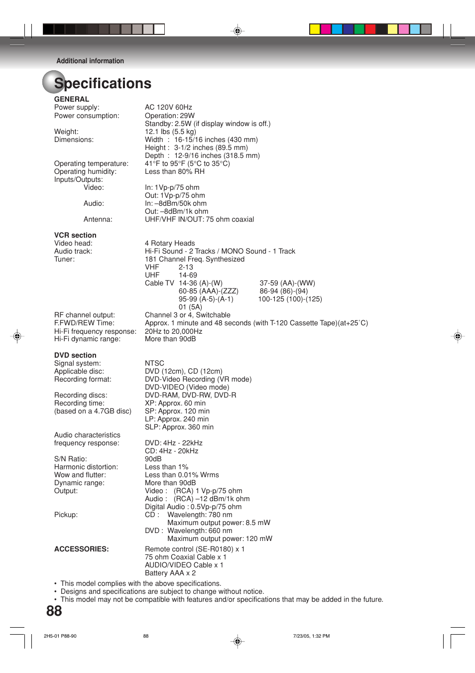 Specifications | Toshiba D-VR4XSU User Manual | Page 88 / 92