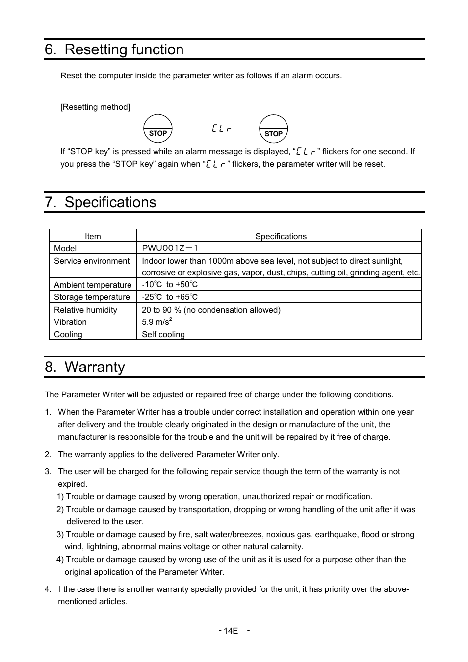 Resetting function, Specifications, Warranty | Toshiba PWU001Z-1 User Manual | Page 15 / 16