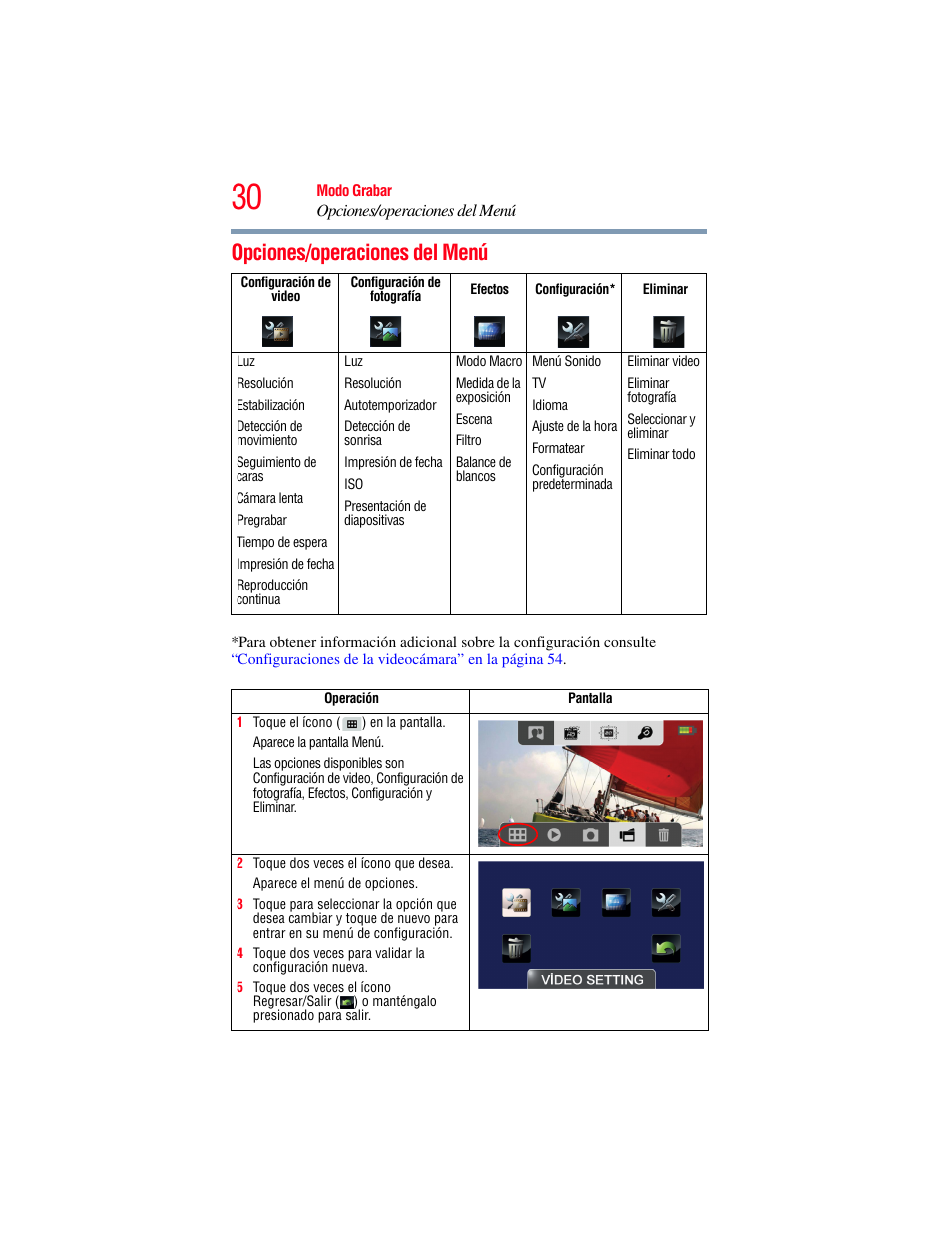 Opciones/operaciones del menú | Toshiba Camileo X200 User Manual | Page 104 / 149