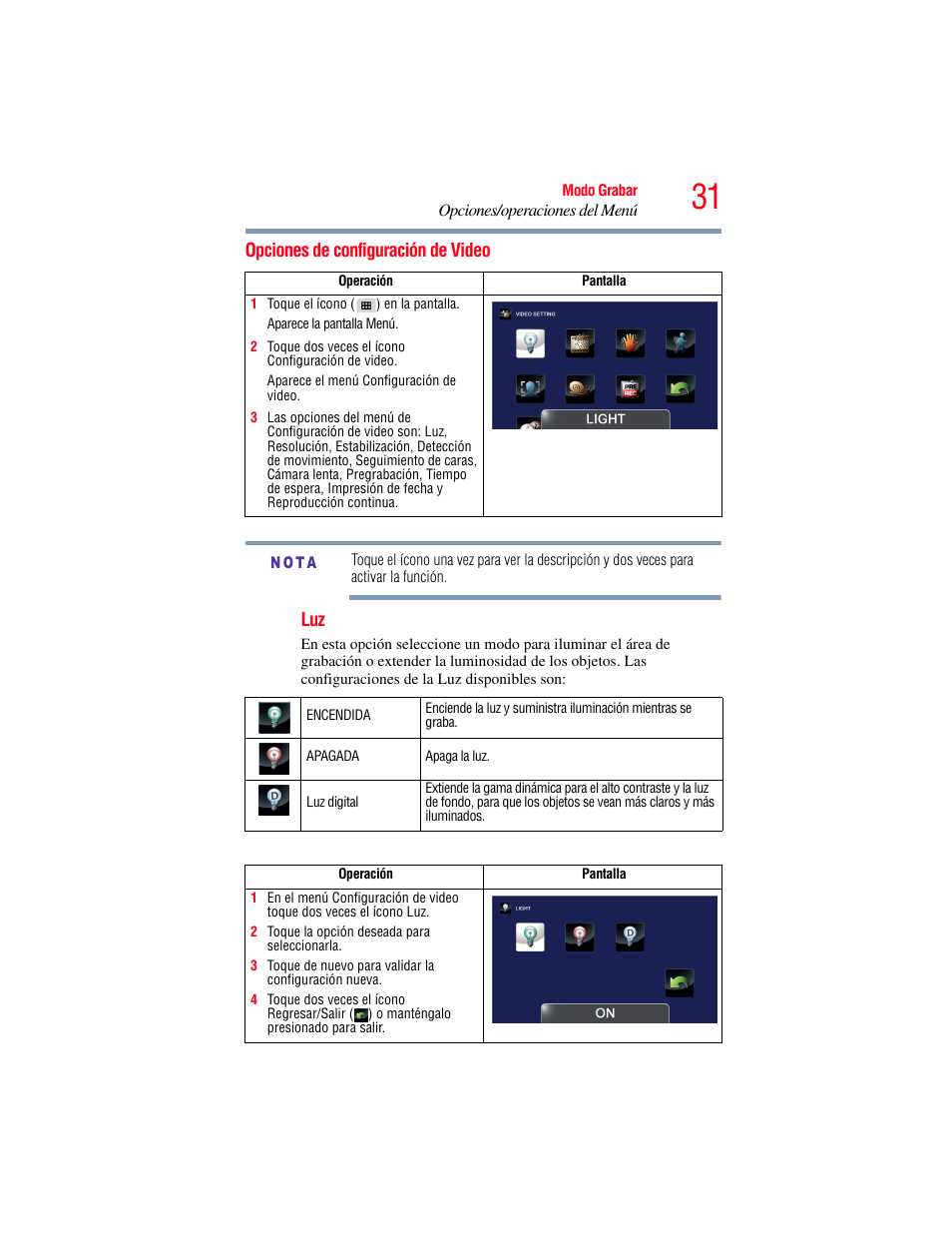Opciones de configuración de video | Toshiba Camileo X200 User Manual | Page 105 / 149
