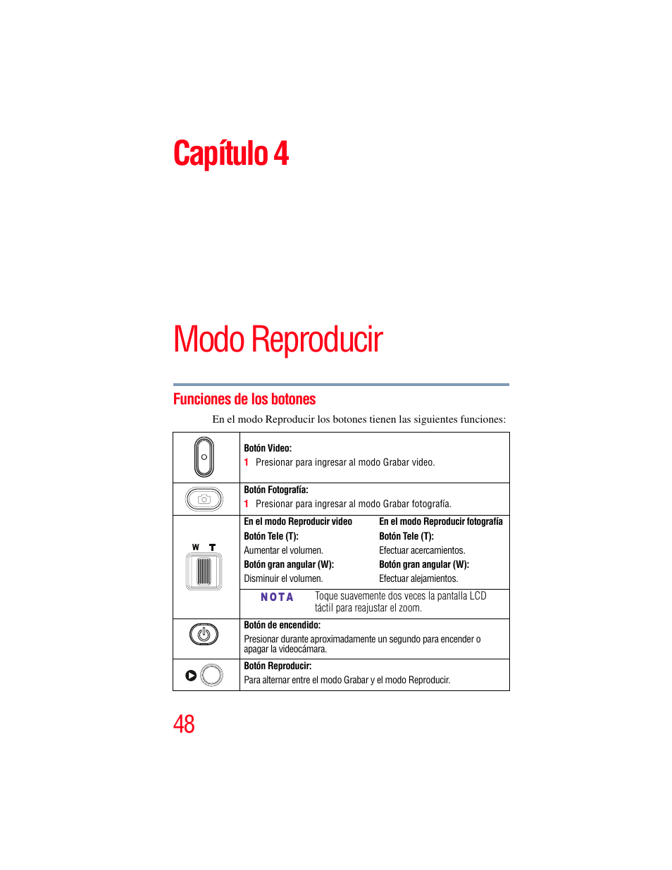 Capítulo 4: modo reproducir, Funciones de los botones, Modo reproducir | Capítulo 4 | Toshiba Camileo X200 User Manual | Page 122 / 149