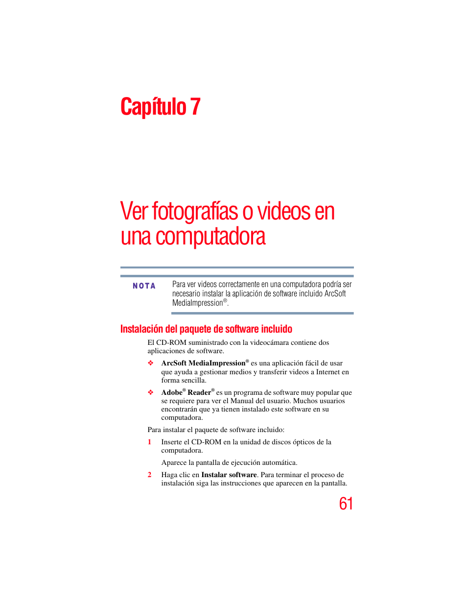 Instalación del paquete de software incluido, Ver fotografías o videos en una computadora, Capítulo 7 | Toshiba Camileo X200 User Manual | Page 135 / 149