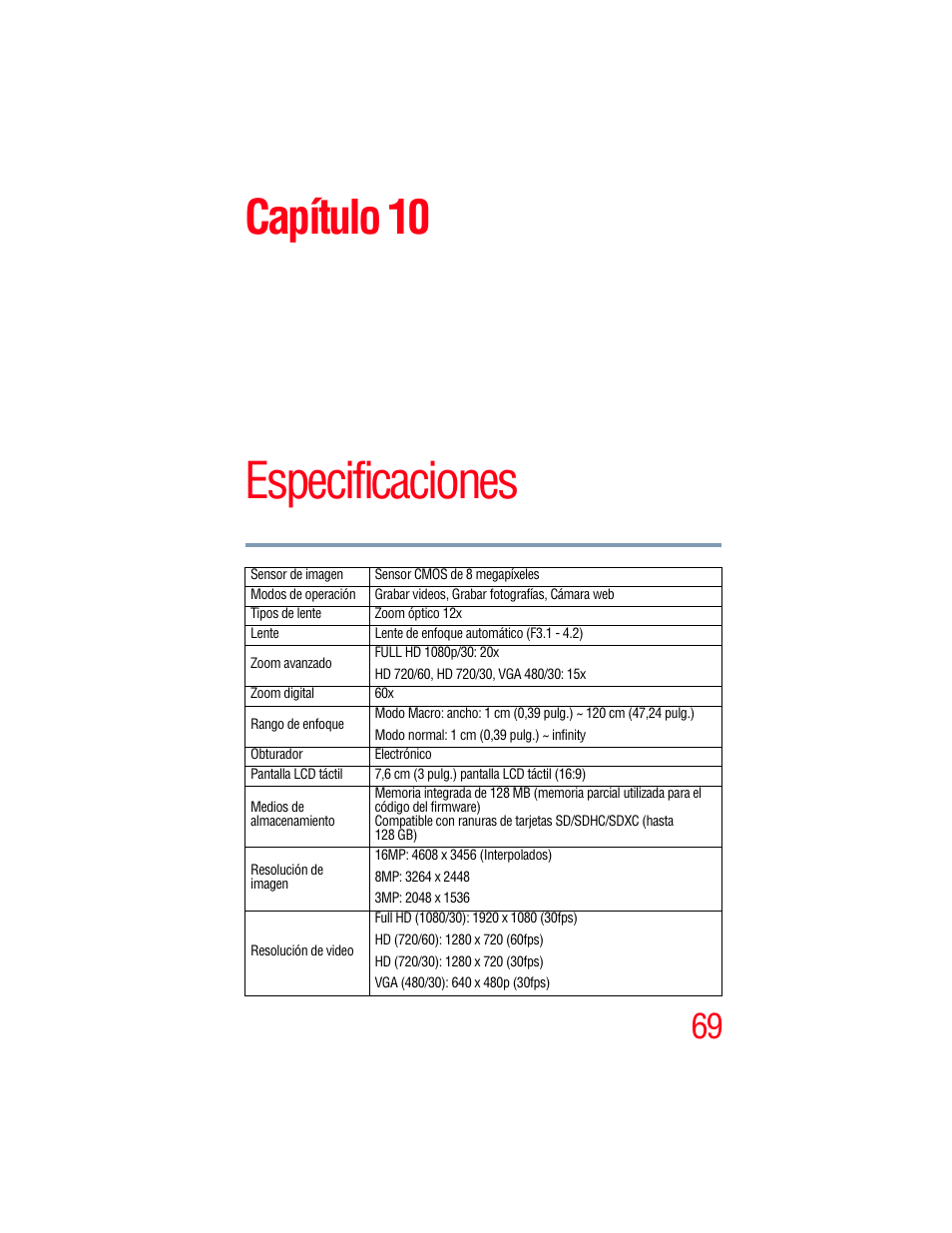 Capítulo 10: especificaciones, Especificaciones, Capítulo 10 | Toshiba Camileo X200 User Manual | Page 143 / 149