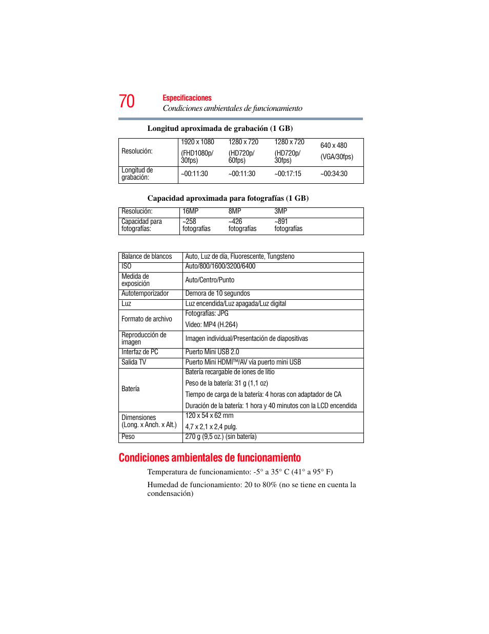 Condiciones ambientales de funcionamiento | Toshiba Camileo X200 User Manual | Page 144 / 149