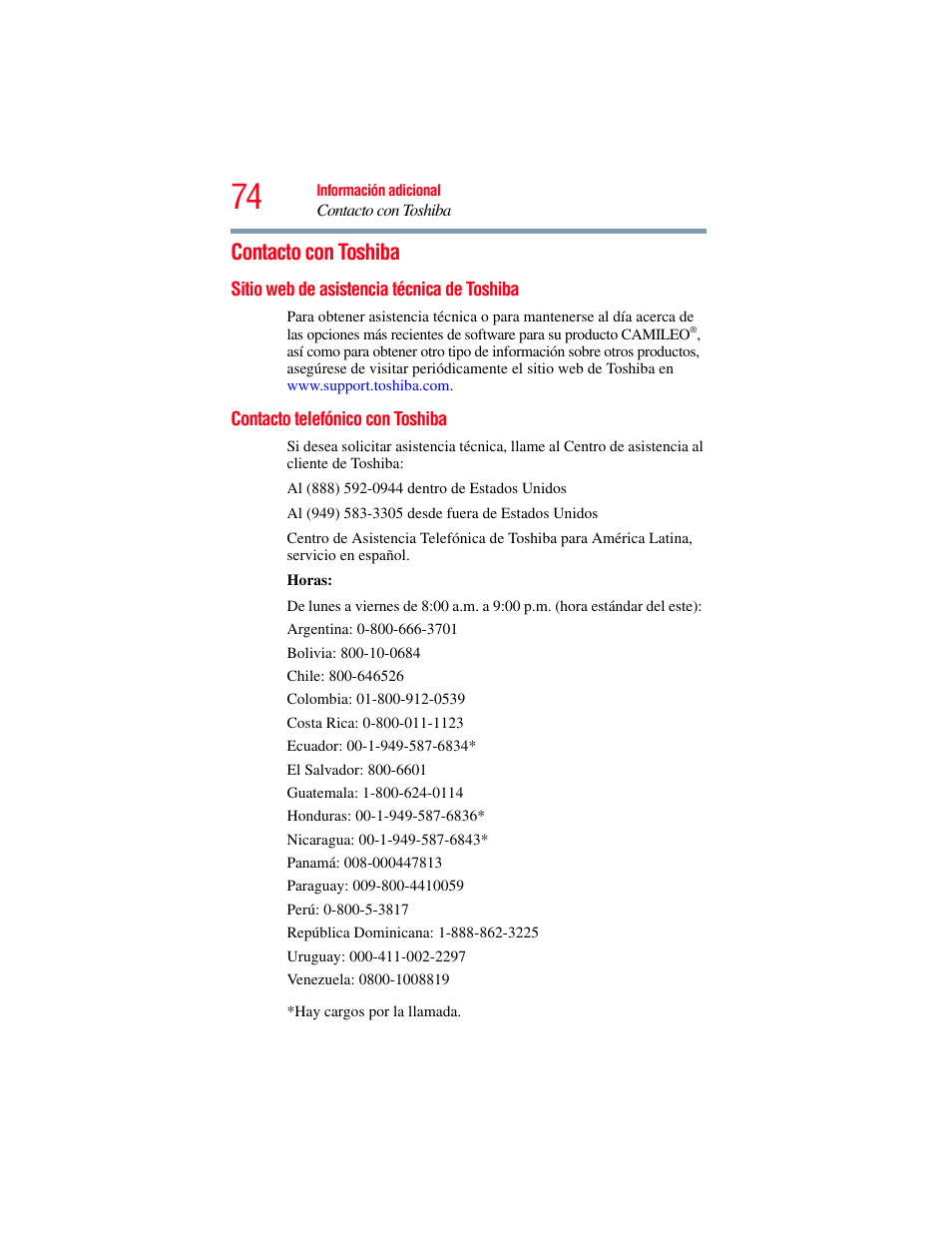 Contacto con toshiba, Sitio web de asistencia técnica de toshiba, Contacto telefónico con toshiba | Toshiba Camileo X200 User Manual | Page 148 / 149