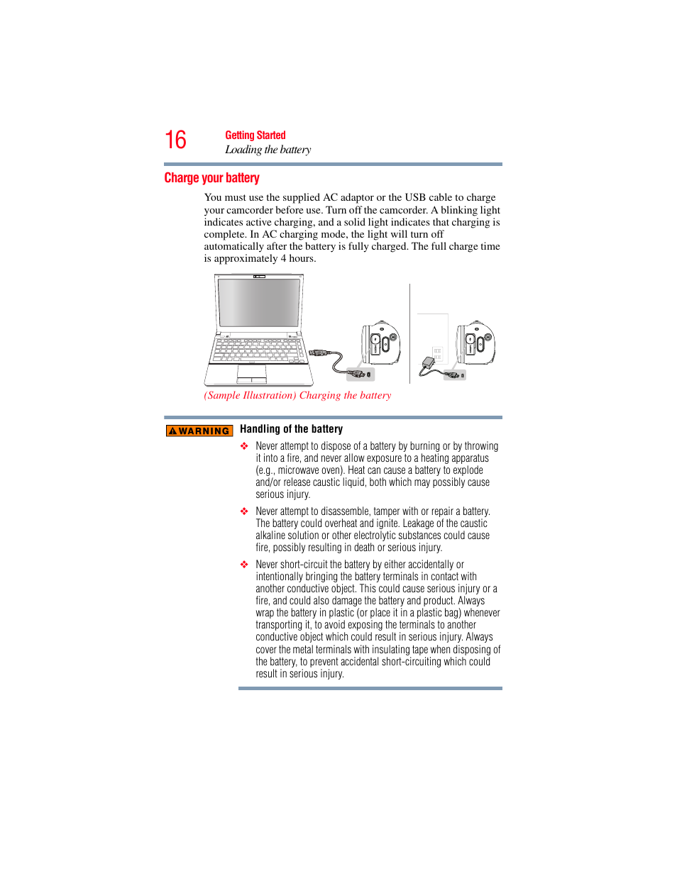 Charge your battery | Toshiba Camileo X200 User Manual | Page 16 / 149