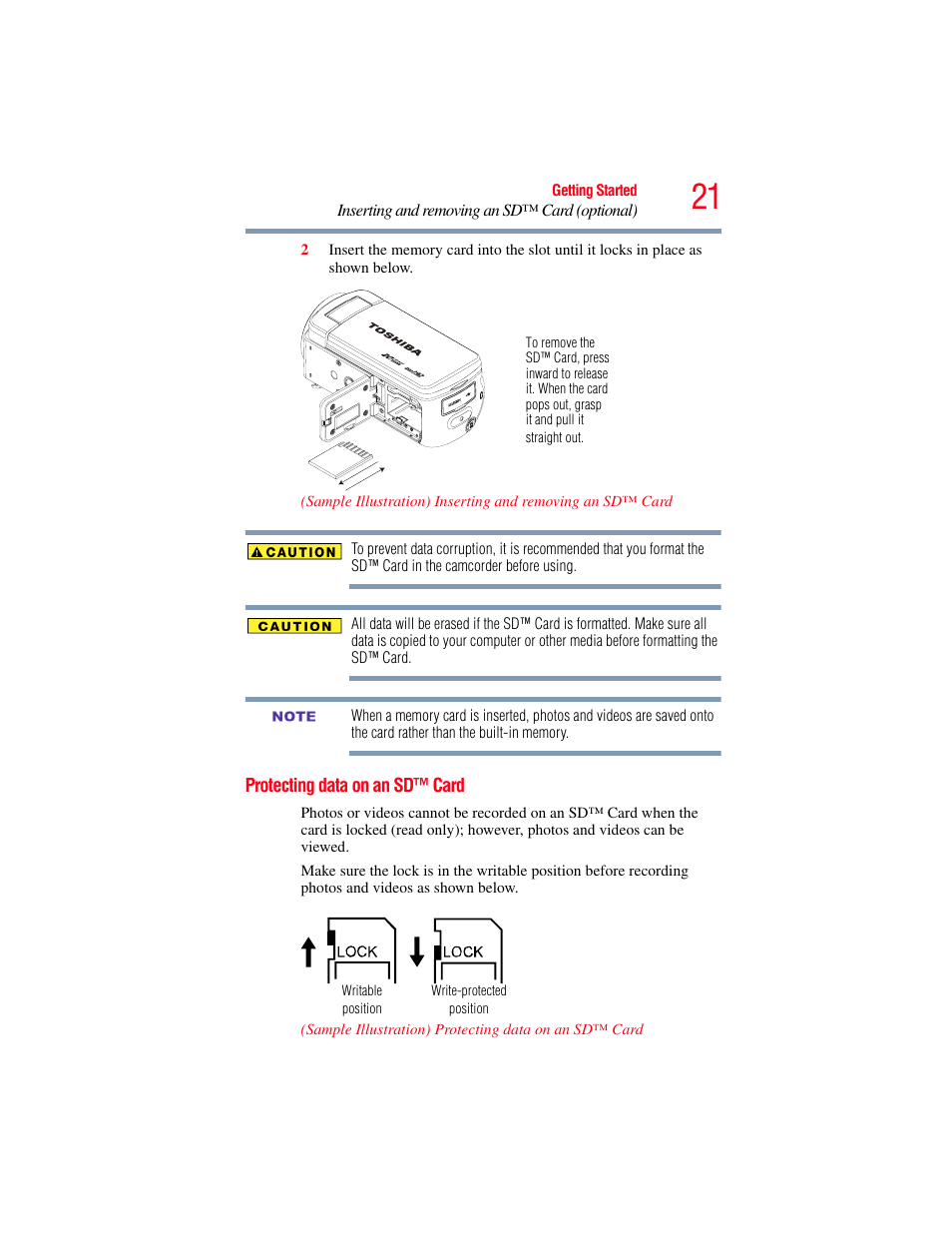 Protecting data on an sd™ card | Toshiba Camileo X200 User Manual | Page 21 / 149