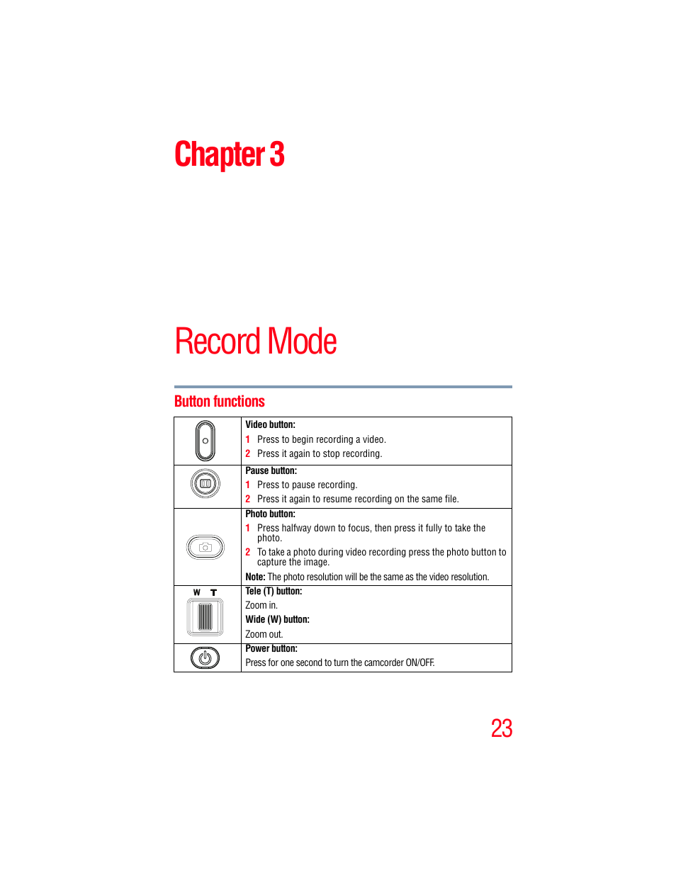 Chapter 3: record mode, Button functions, Record mode | Chapter 3 | Toshiba Camileo X200 User Manual | Page 23 / 149