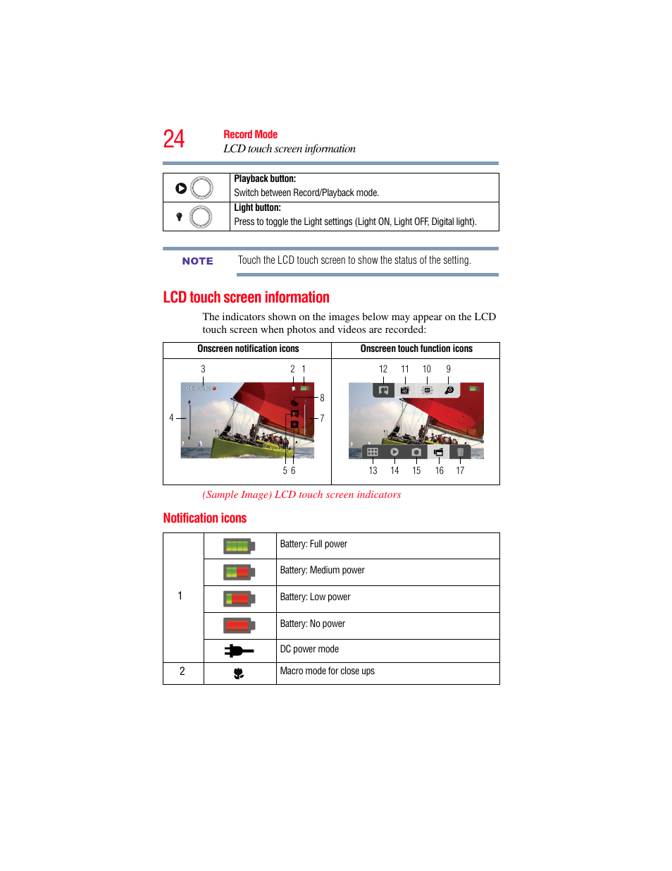 Lcd touch screen information, Notification icons | Toshiba Camileo X200 User Manual | Page 24 / 149