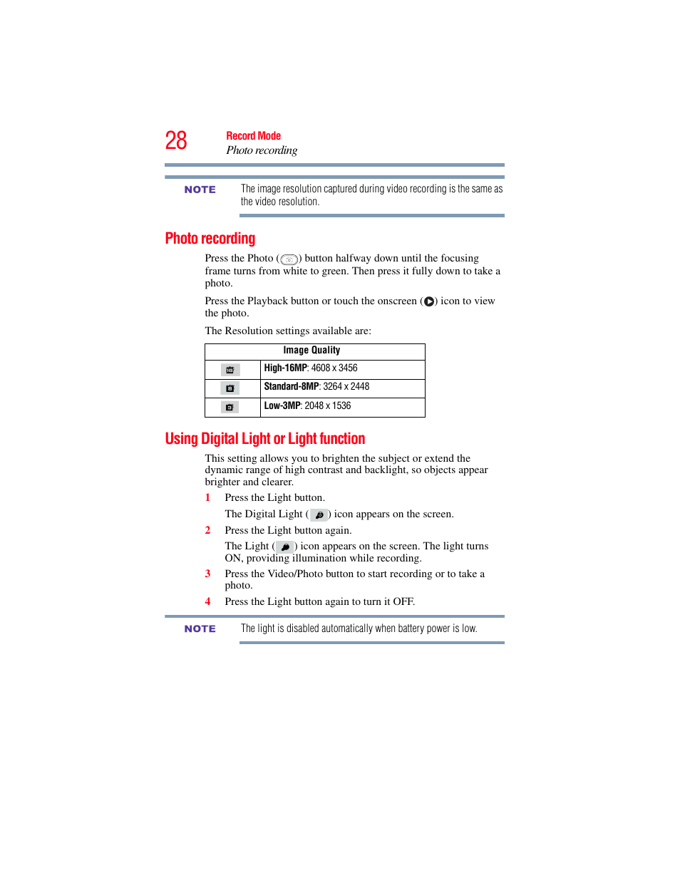 Photo recording, Using digital light or light function | Toshiba Camileo X200 User Manual | Page 28 / 149