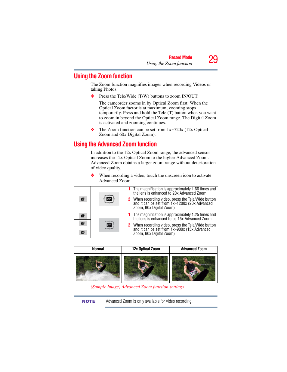 Using the zoom function, Using the advanced zoom function | Toshiba Camileo X200 User Manual | Page 29 / 149