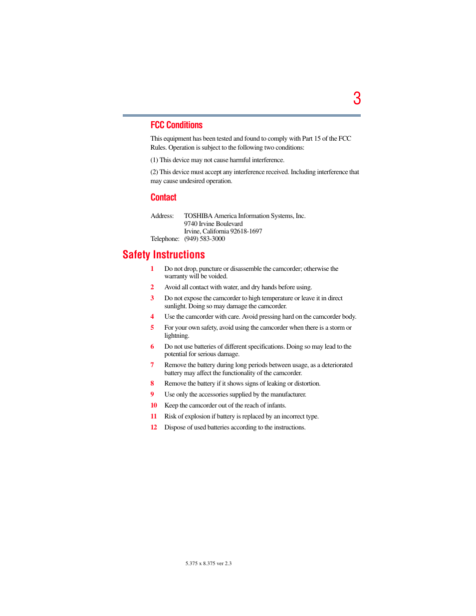 Safety instructions | Toshiba Camileo X200 User Manual | Page 3 / 149