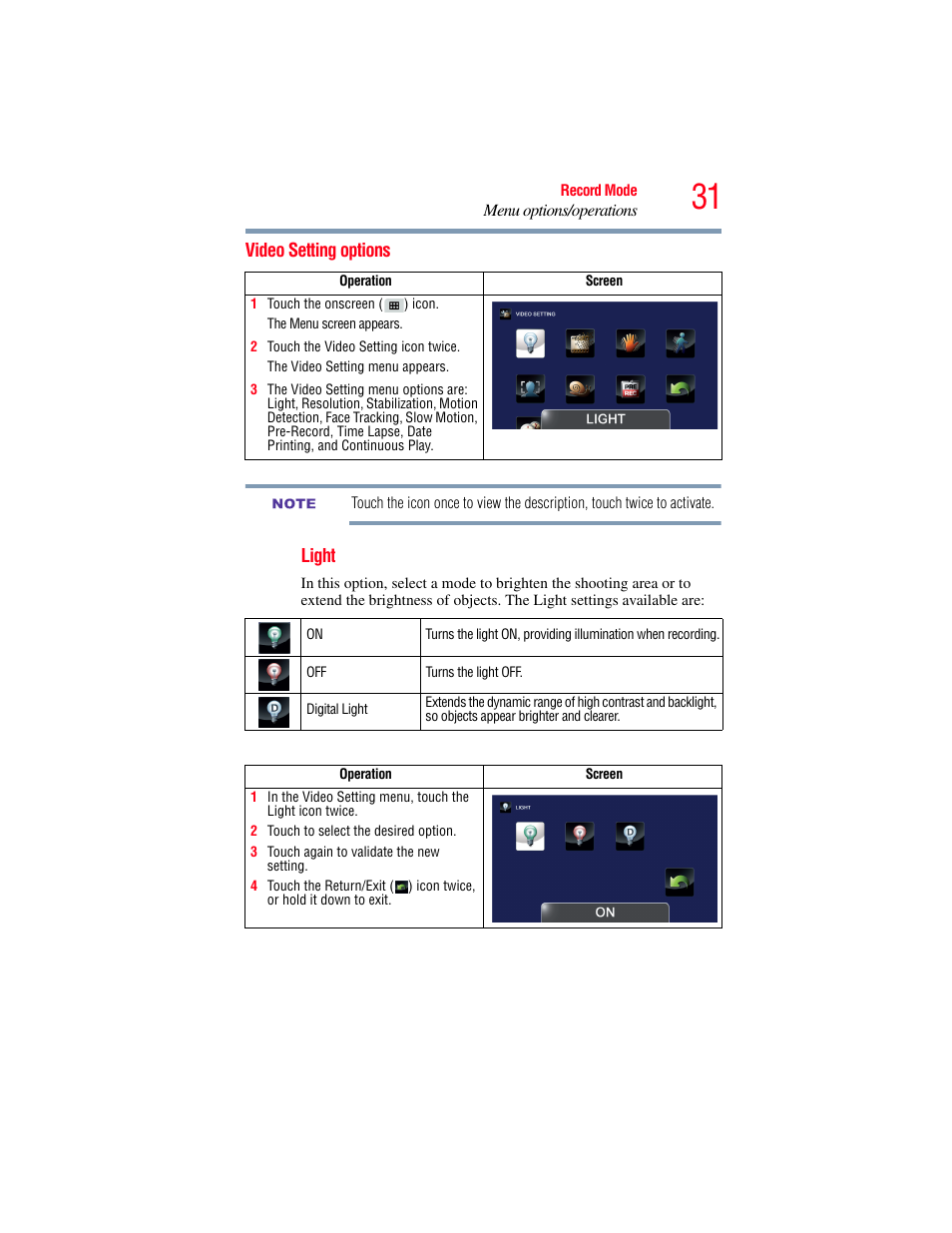 Video setting options | Toshiba Camileo X200 User Manual | Page 31 / 149